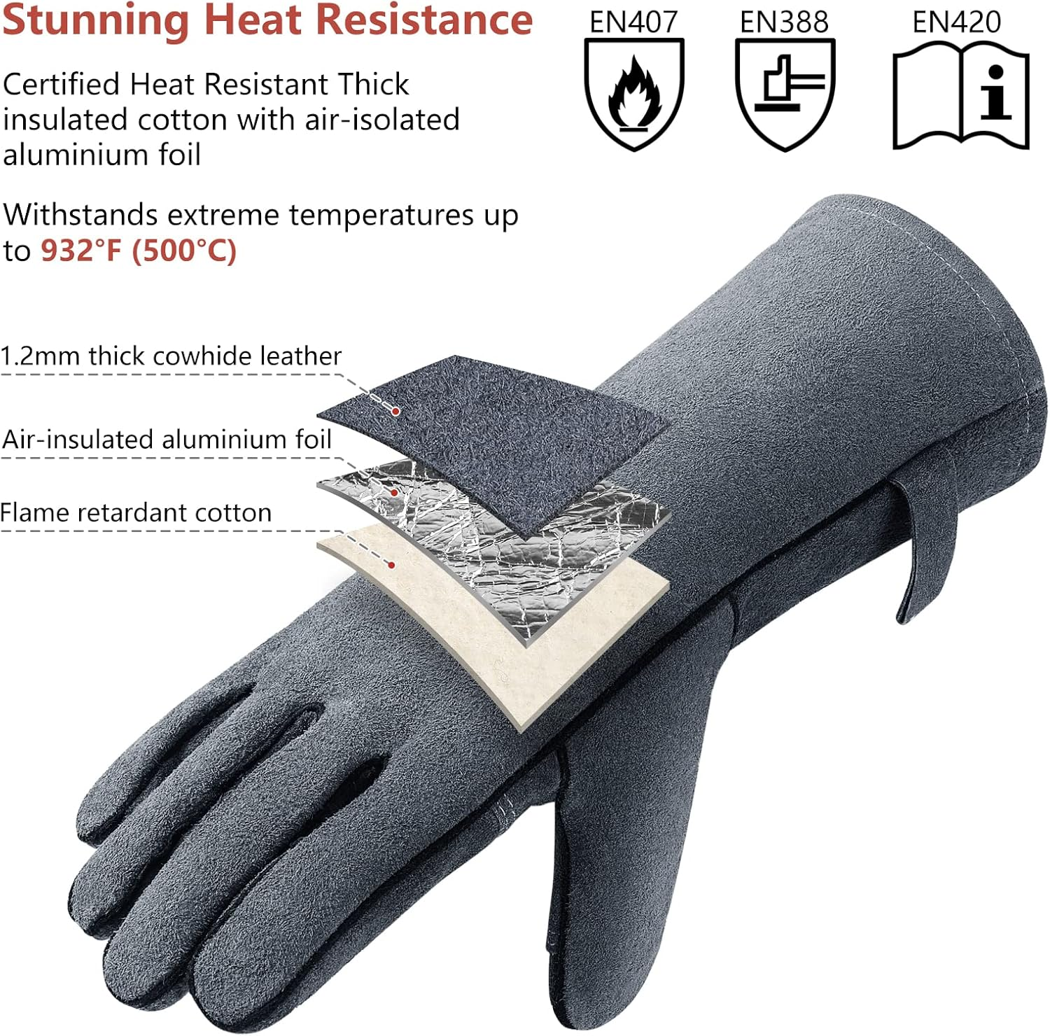 OZERO 932&deg;F Heat Resistant Forge Welding Gloves: 16 Inches Cowhide Leather Long Sleeve & Insulated Lining Grill Gloves for Barbecue/Tig Welder/Oven/Fireplace/Wood Stove/Animal Handling image number 1