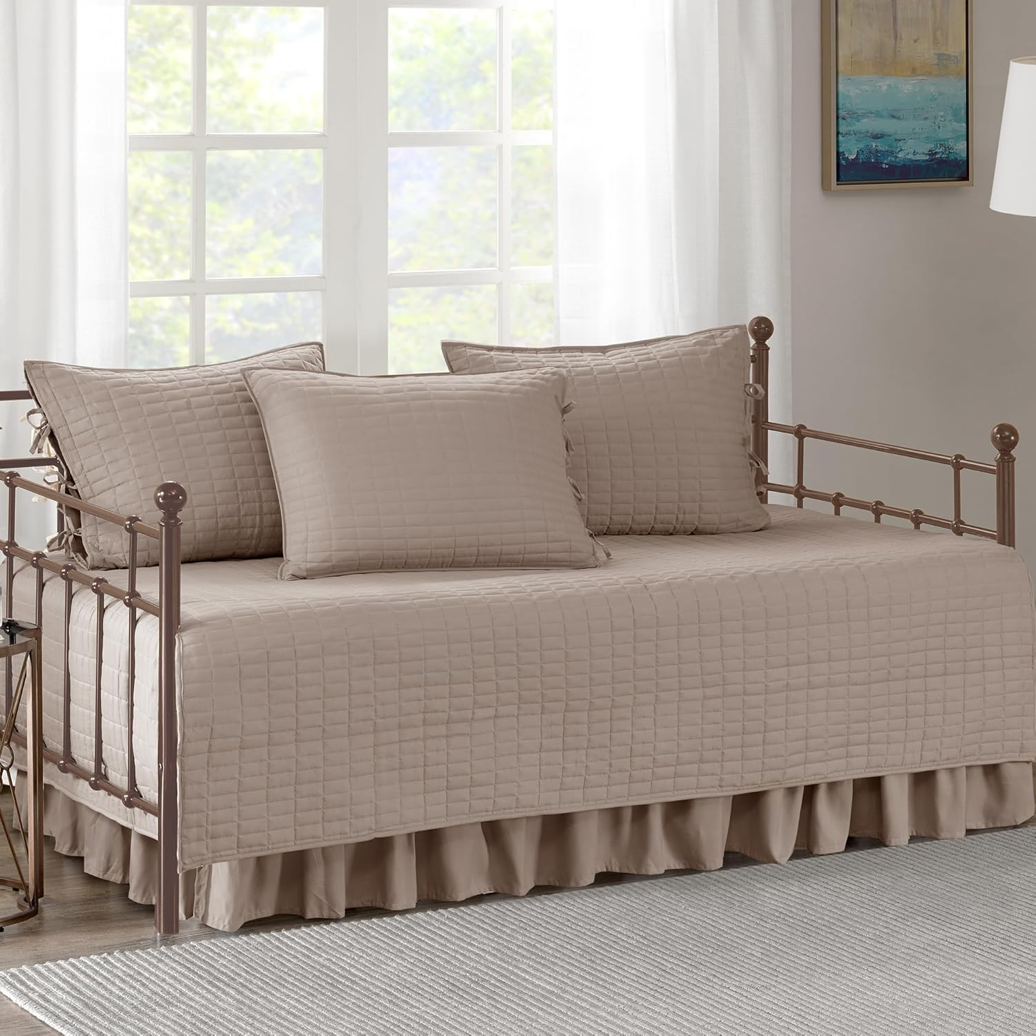 Comfort Spaces Daybed Cover - Luxe Double Sided-Quilting, All Season Cozy Bedding with Bedskirt, Matching Shams, Kienna Taupe 75"X39" 5 Piece image number 2
