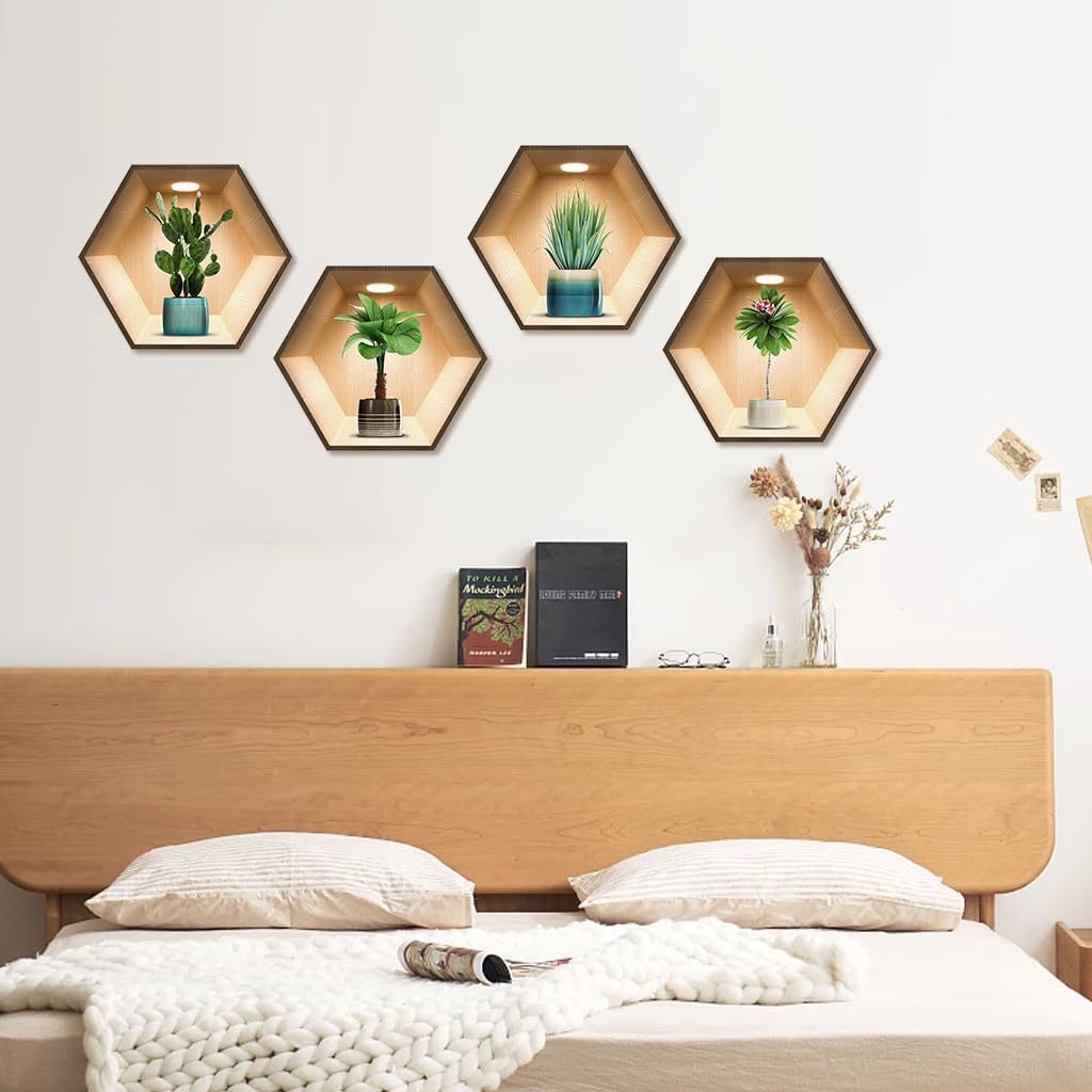 Imagitek 4 Pack 3D Green Plant Wall Decals 3D Cactus Wall Stickers for Living Room Bedroom Kitchen Decor image number 2