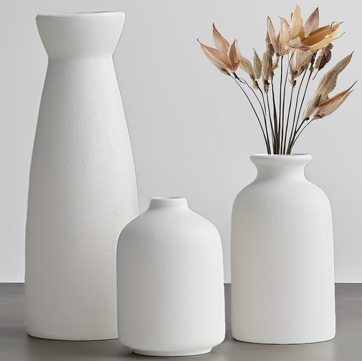 Ceramic Vase Set of 3, Beige Ceramic Vase Set, Modern Bohemian Farmhouse Home Decor, Vases for Living Room, Dining Room, Bedroom, Kitchen, Bathroom, Office, Entryway (Beige) image number 4