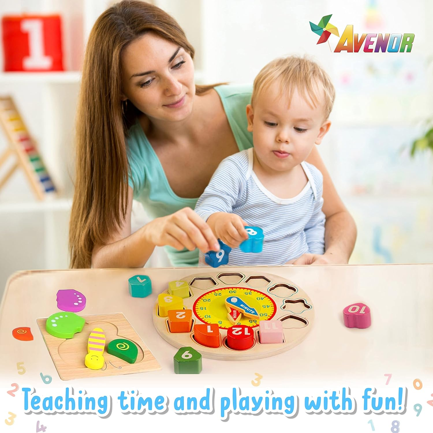 Avenor Teaching Time Clock Shape Sorting Number Blocks Early Learning Wooden Educational Toy for Kids image number 2