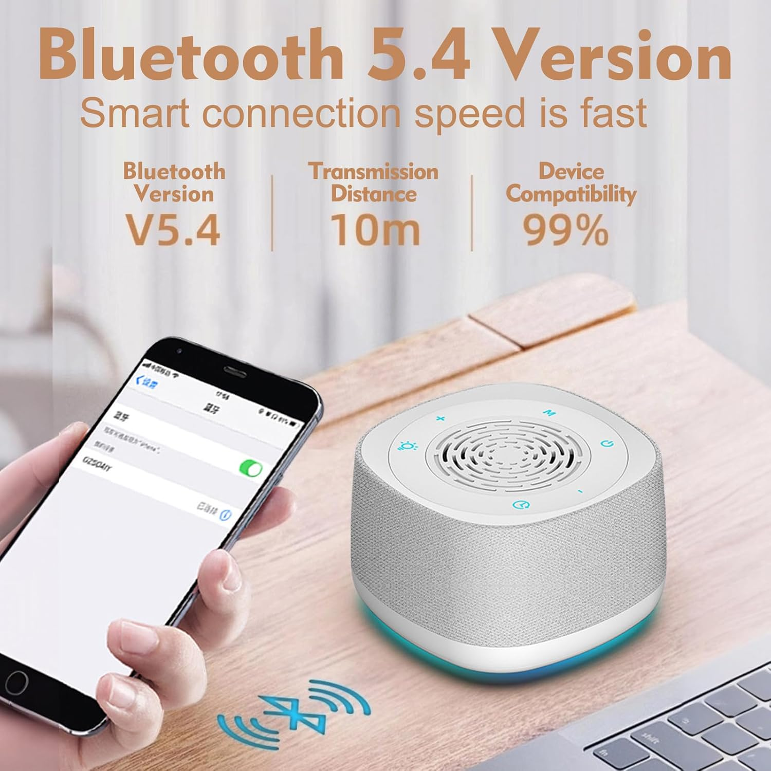 White Noise Machine & Alarm Clock with Bluetooth Music Player,14 Soothing Sound,7-Color Night Light,3-Timer Sleep Timer,Volume Control,Portable Hatch Sound Machine for Sleep/Office/Travel(White) image number 6
