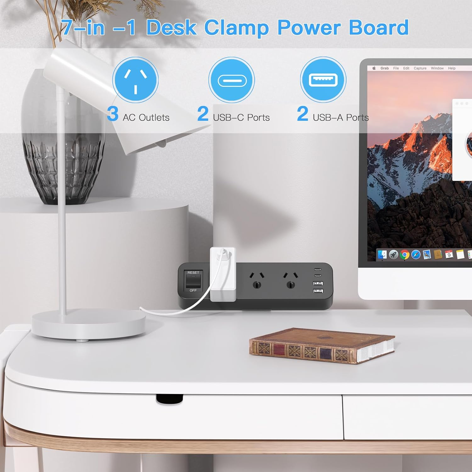 Yundian Power Strip with USB, 3 AC Outlets, 2 USB C Ports, 2 USB a Ports, 2M Extension Cord, 10A/2500W, Black - Black image number 4