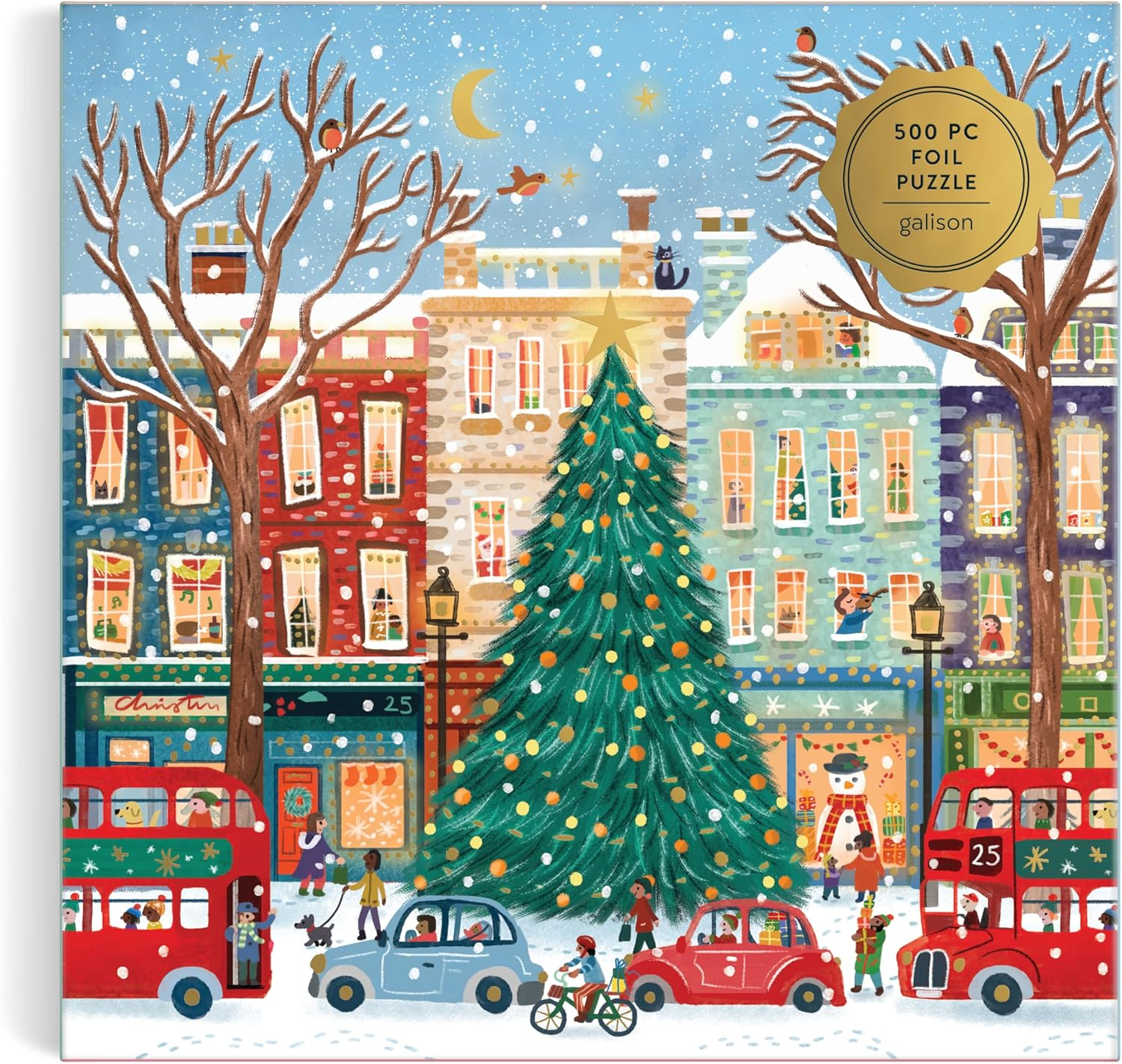 Galison Tinsel City Foil Puzzle 500 Piece - Festive Holiday City Scene Glitter Jigsaw Puzzle for Adults image number 4