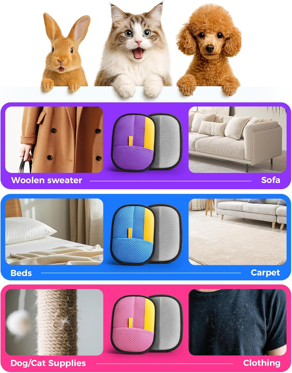 2025 Thickened Electrostatic Pet Hair Removal Gloves (2 Pcs) - Reusable Strong Grooming Gloves for Cats & Dogs, Hair Remover for Couch, Furniture, Carpet, Car Seats & Clothing (Blue) - Purple image number 7