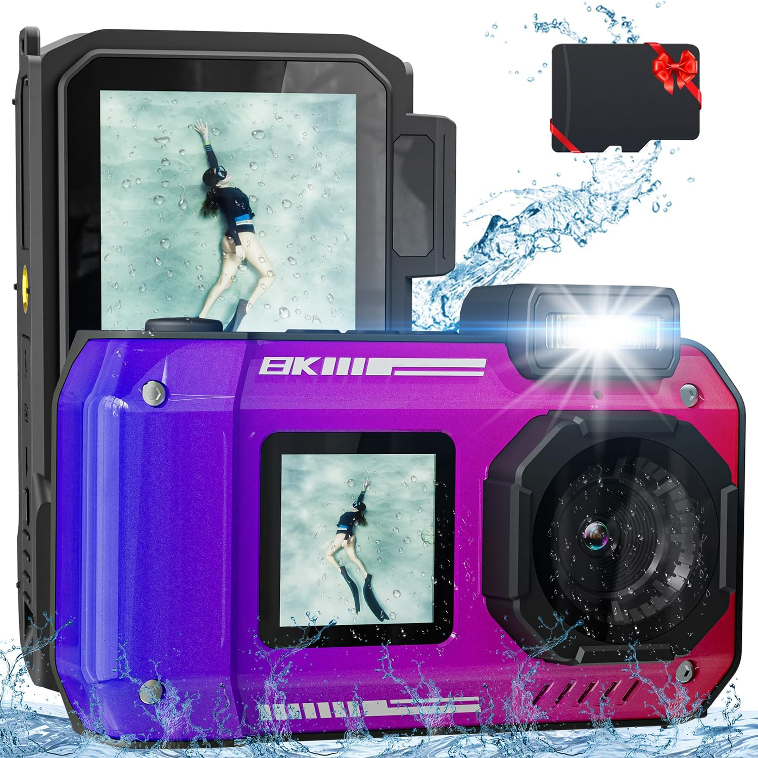 8K 70MP Digital Camera, 33FT Underwater Camera Waterproof Rugged Dustproof Shockproof for Snorkeling Diving, Selfie Dual-Screen Point and Shoot Digital Cameras with 32G Card(Gradient Purple) image number 3