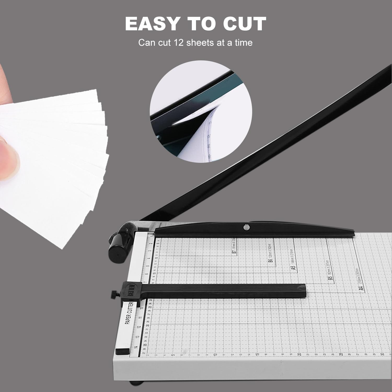 12 Inch A4 Paper Cutter, Guillotine Style with Steel Blade and Rubber-Padded Base, White, 12X10 Inches, Cuts up to 12 Sheets, Ideal for Offices and Craft Projects image number 1