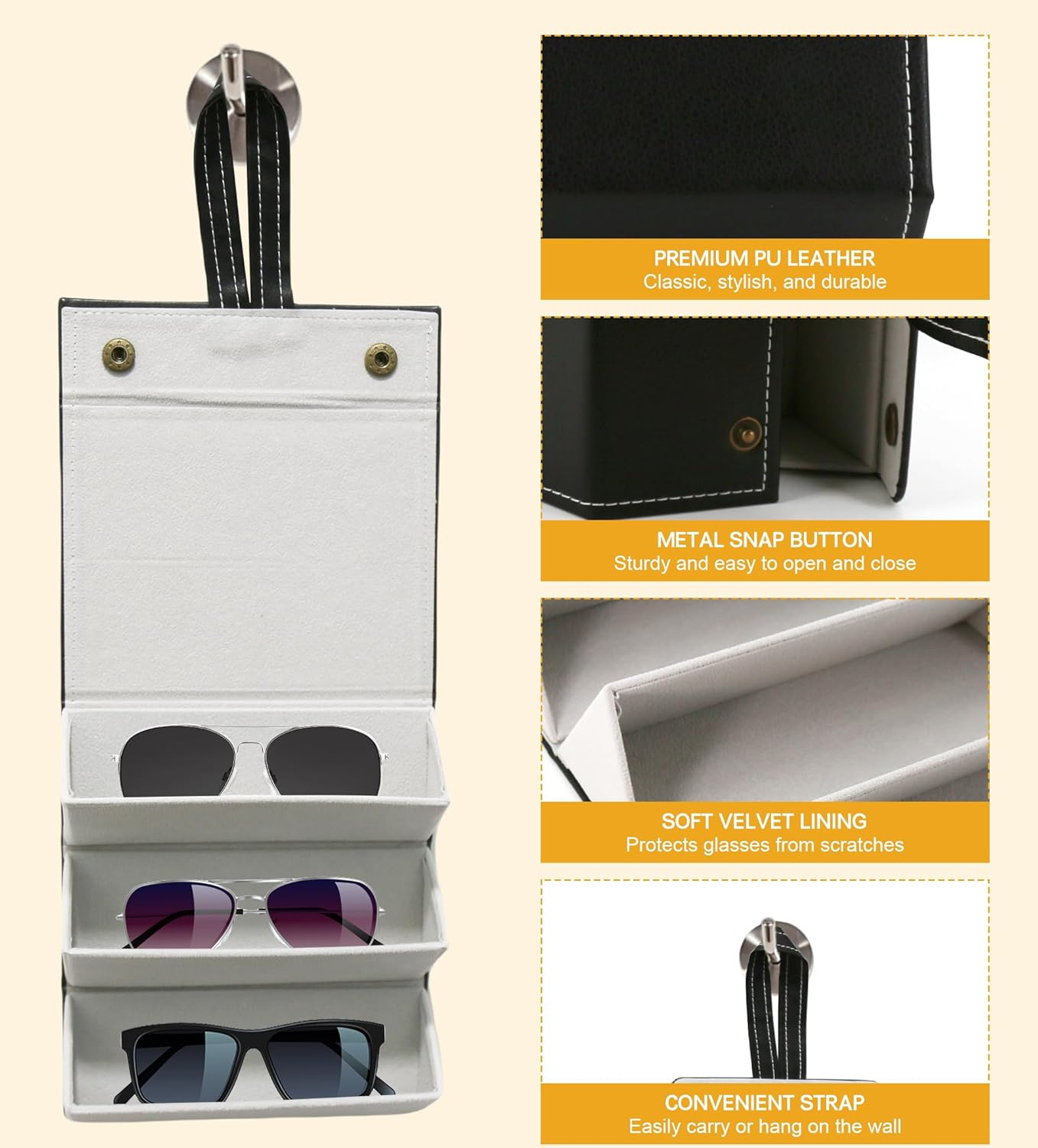 YOKONICO 2Pack Sunglasses Organizer Travel Case Foldable 3 Slots Glasses Organiser Portable Eyeglasses Storage Wall-Mounted Sunglasses Rack Hanging Storage Box Classic Durable for Women and Men