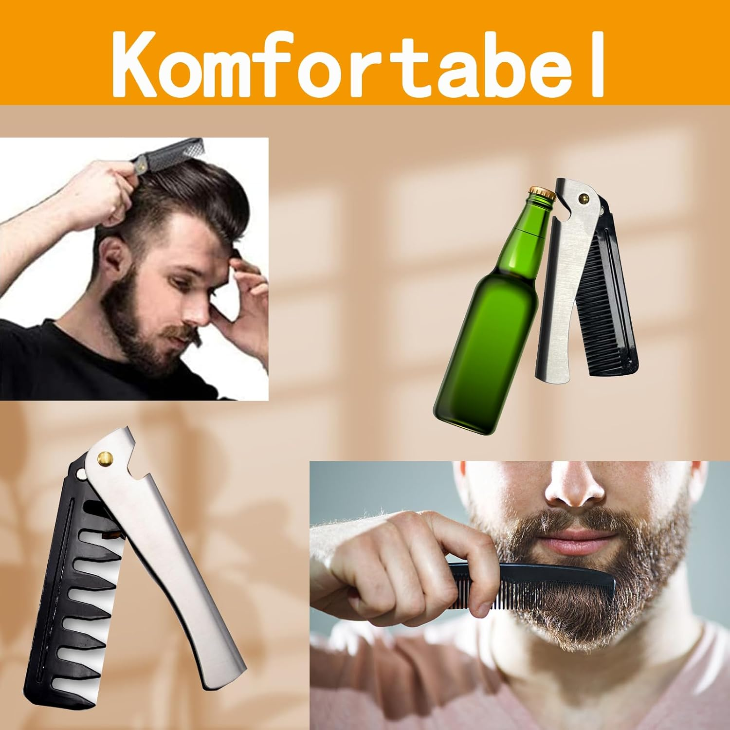 Cozevdnt 2 Pieces Foldable Beard Comb, Stainless Steel Hair Comb, Moustache Shape Comb for Grooming and Combing Hair, Beards and Moustaches