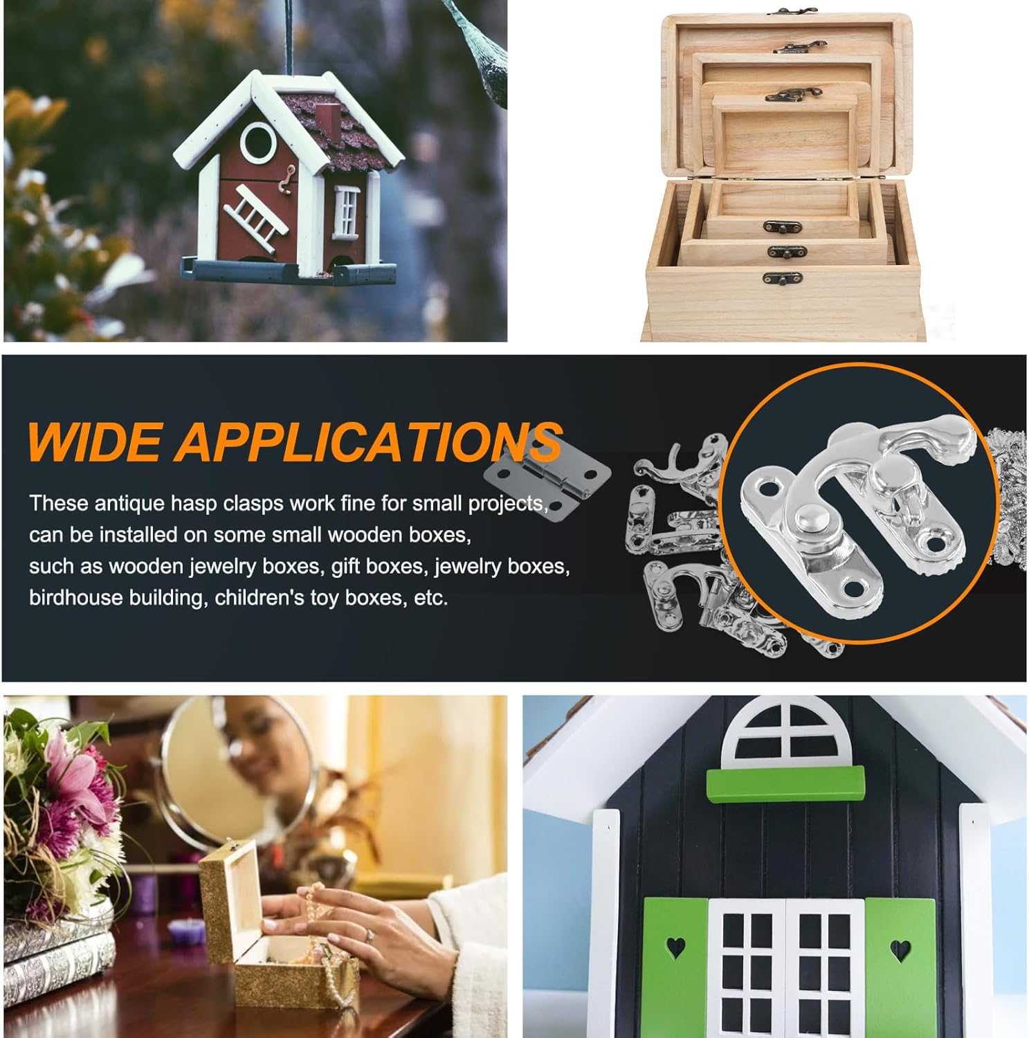 20 Sets Silver Antique Small Box Hinges Right Latch Hook Hasp Horn Lock Jewelry Box Hardware Antique Brass Latch Hook Clasp Mini Hinges for DIY Crafts Jewelry Wooden Box - Silver image number 5