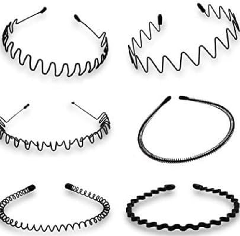 6PCS Metal Hair Headbands Wavy Hairband Spring Hair Hoop Sports Fashion Hair Bands Unisex Black Elastic Non Slip Simple Headwear Accessories image number 1
