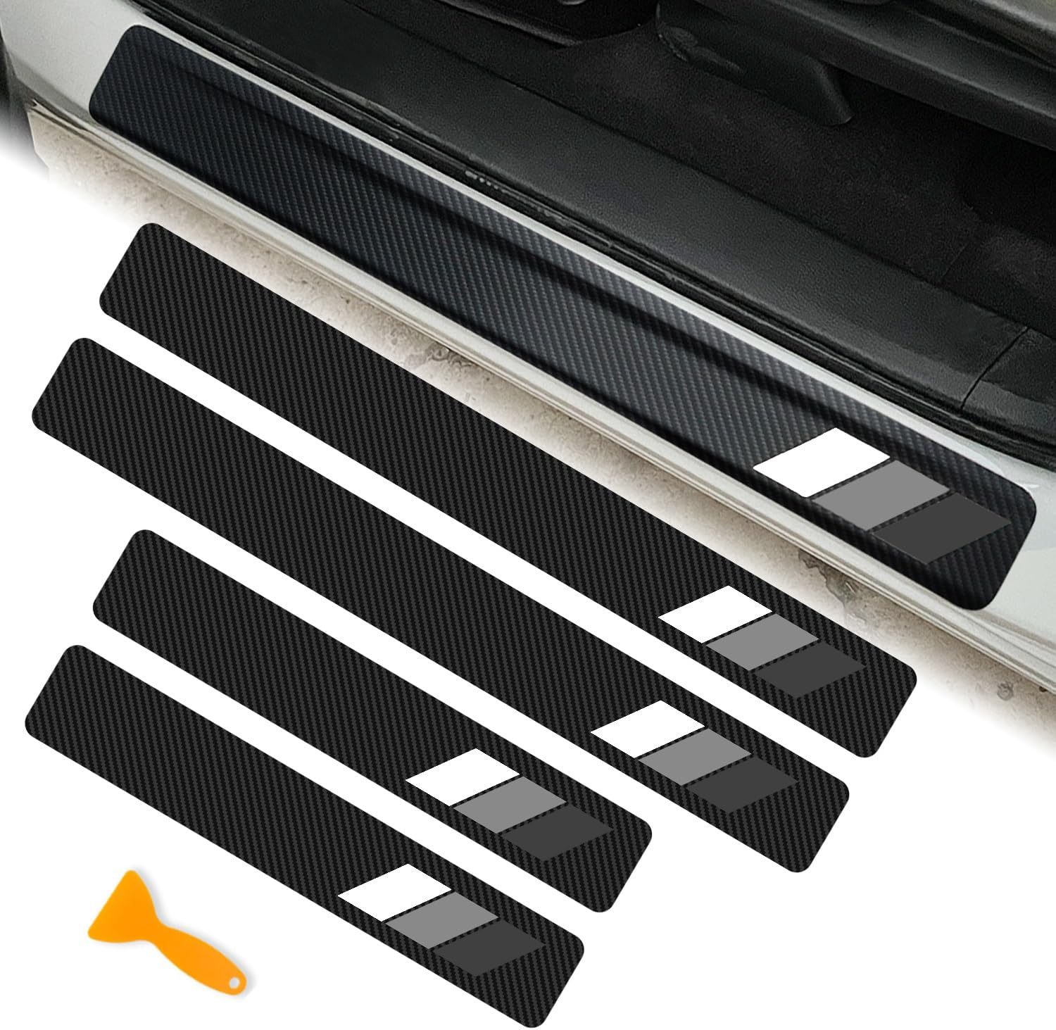 MOCHENT Tricolor Door Sill Protectors for Toyota Tacoma TRD 4Runner Tundra Rav4 Highlander Accessories, Carbon Fiber Front/Rear Door Sill Plate Guard, Retro Stripe Door Entry Guard Stickers(4 Pcs)