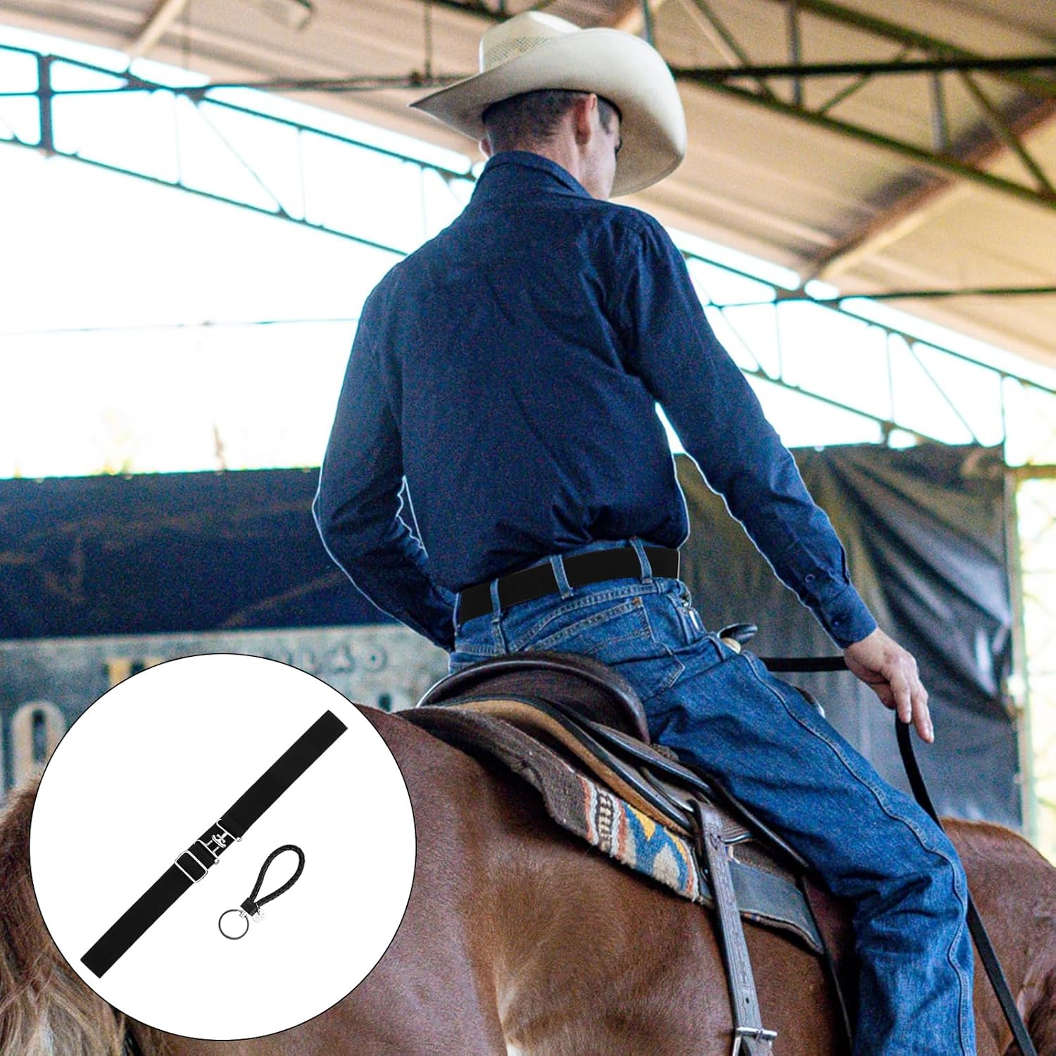 1.5In Elastic Equestrian Belt & Keychain, Horse Riding Belt with Surcingle Buckle Horse Bit Belt Comfortable Waist Belt Leather Key Strap for Equestrian Horseback Riding Sports image number 3