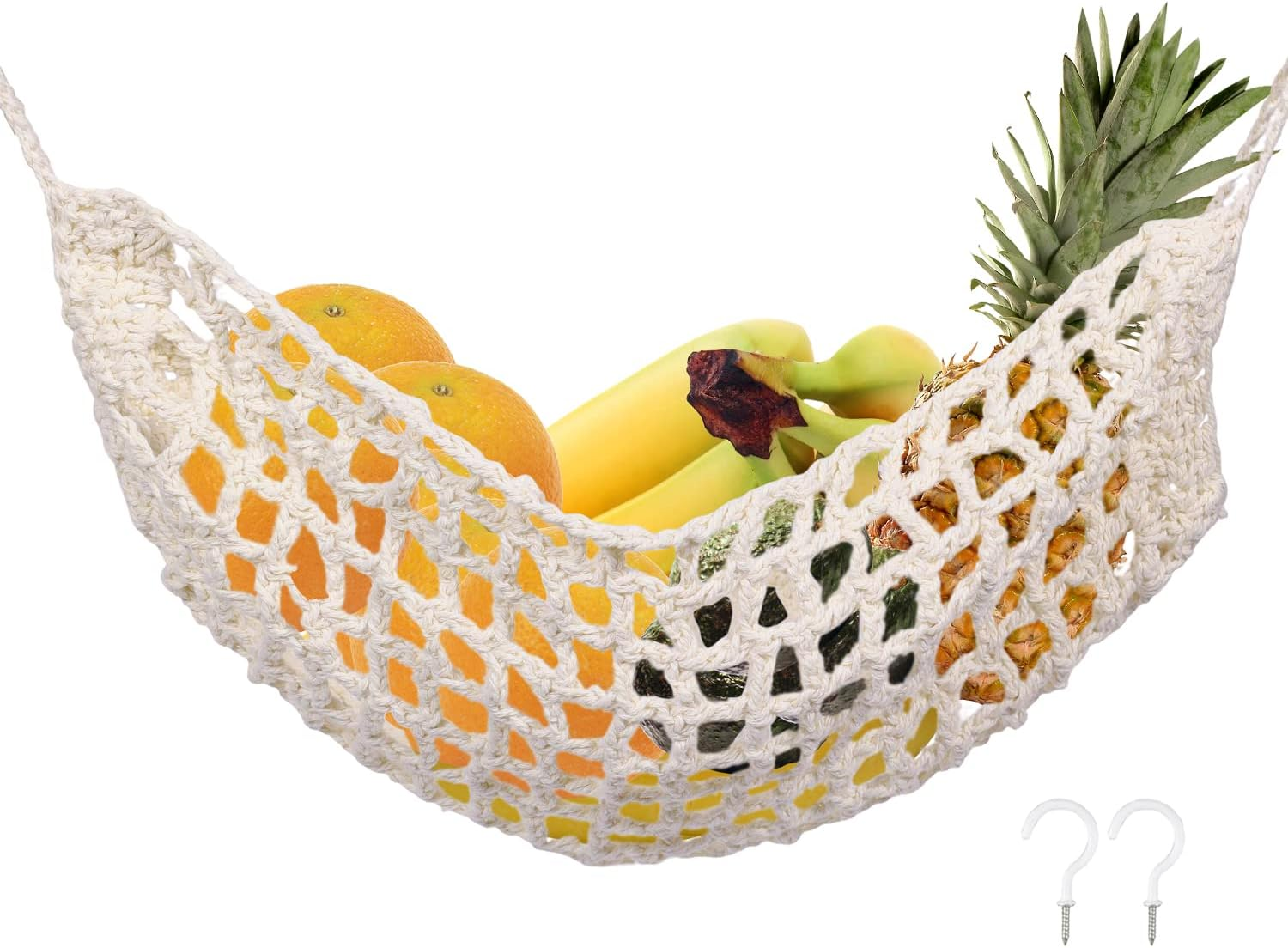 SAVITA 12.5X16Inch Hanging Fruit Hammock, Fruit Holder Hanging with 2 Hooks 100% Cotton Handmade Woven Space-Saving Fruit Basket under Cabinet for Kitchen Ship Storage image number 5