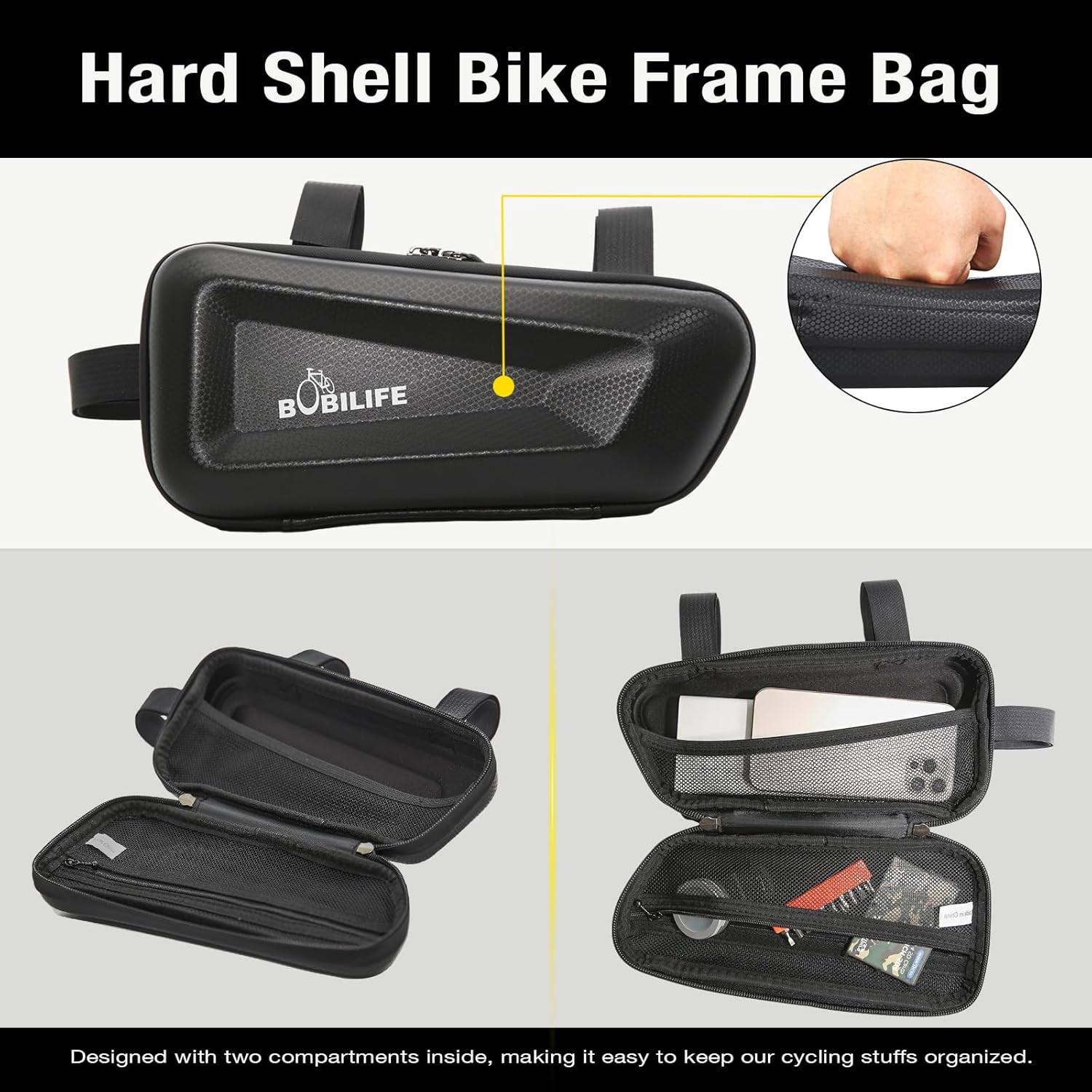 BOBILIFE Hard Shell Bike Frame Bag - EVA Waterproof Bicycle Frame Bag under Top Tube Pouch Storage Bag for Adult Cycling Road Mountain Bike Bicycles