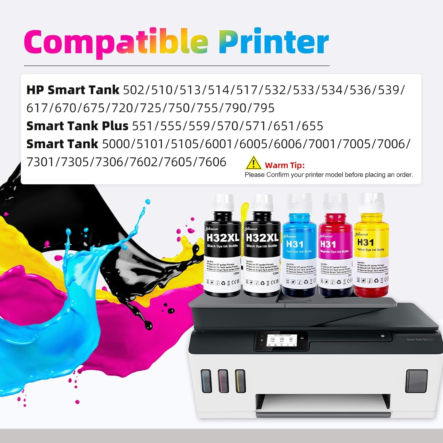 Ink Bottle 31 32XL 32 XL Compatible with HP Smart Tank 5000 5101 7301 6001 7602 5101 7001 551 555 651 455 457 450 Printers (2 135ML 32XL Black Ink, 70ML 31 Color Ink) image number 6