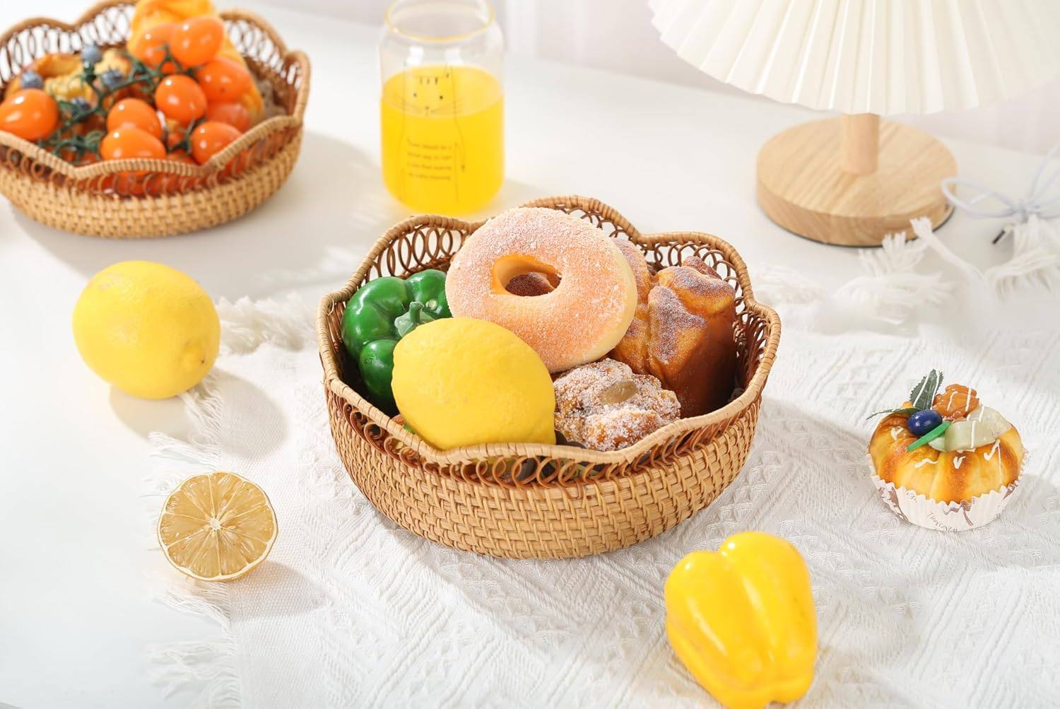 Rattan Bread Basket for Serving,Set of 2（8&rsquo;&rsquo;/9&rsquo;&rsquo;）Round Fruit Basket,Picnic Baskets,Natural Woven Serving Basket Bowls,Handmade Decorative Baskets for Kitchen Counter, Organizing, Storage, Home Decor image number 5