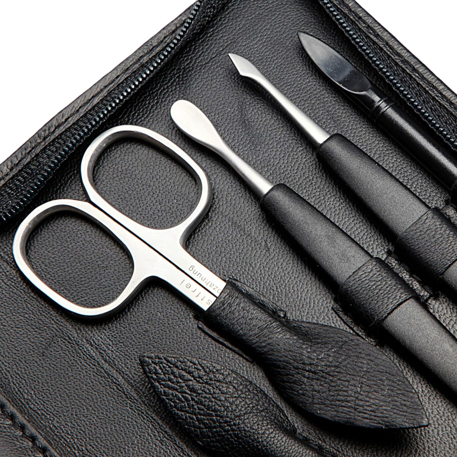 Sonnenschein by Hans Kniebes - Manicure Case, Zip: 9 Pieces, Stainless Steel Matt Finish, Nappa Lambskin Leather, Black - Bordeaux image number 6