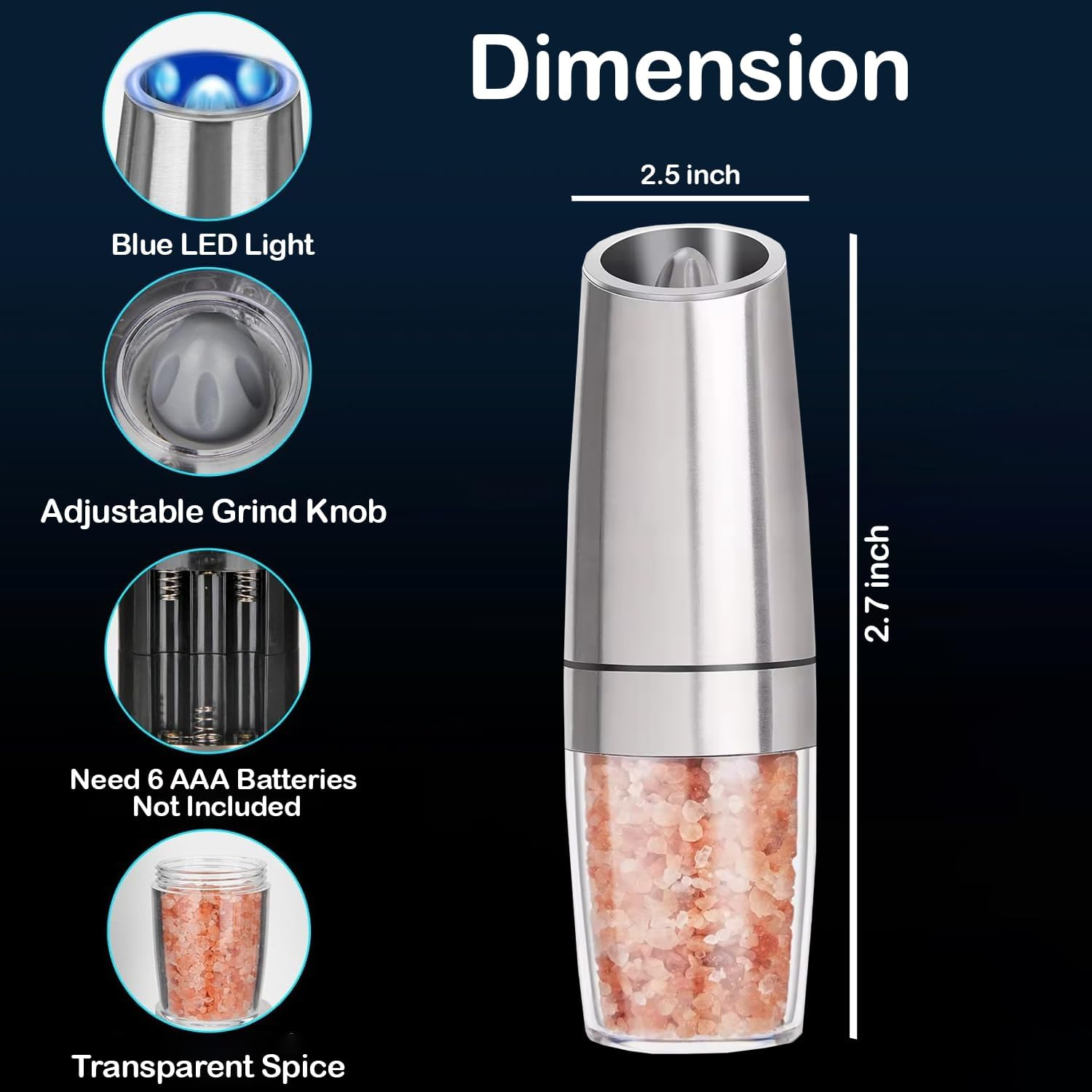 Chef Power High-Quality Gravity Electric Salt and Pepper Grinder with Cleaning Brush - Battery-Operated, Stainless-Steel Pepper Mill - LED Light, Automatic Salt and Pepper Grinder &ndash; 2 Set (Silver) image number 3