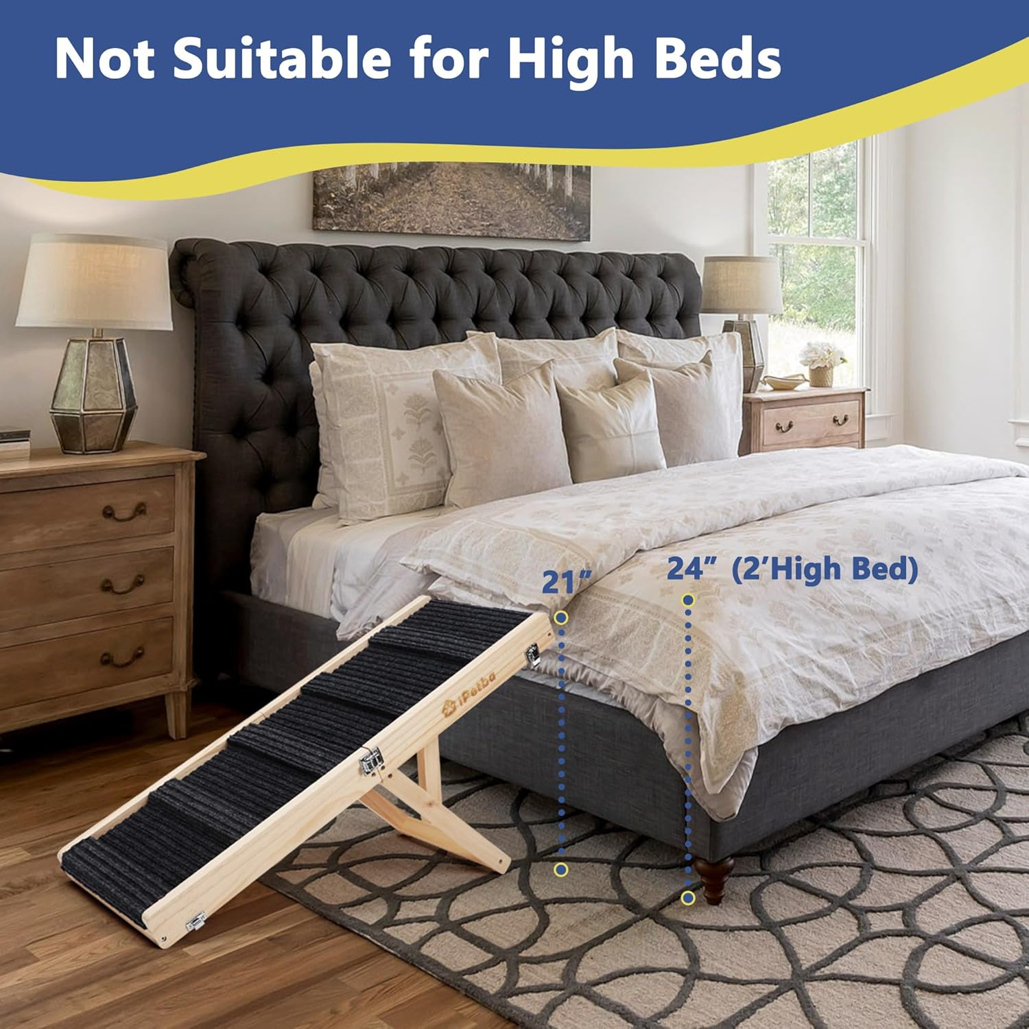 Ipetba Adjustable Dog Ramp Folding Portable Wooden Pet Ramp for Small Dogs 31.5" Long from 9.5" to 18.5" with Non-Slip 5 Paw Traction Mat Doggie Cat Ramps for Bed Car Sofa Couch (Up to 50 Lbs)