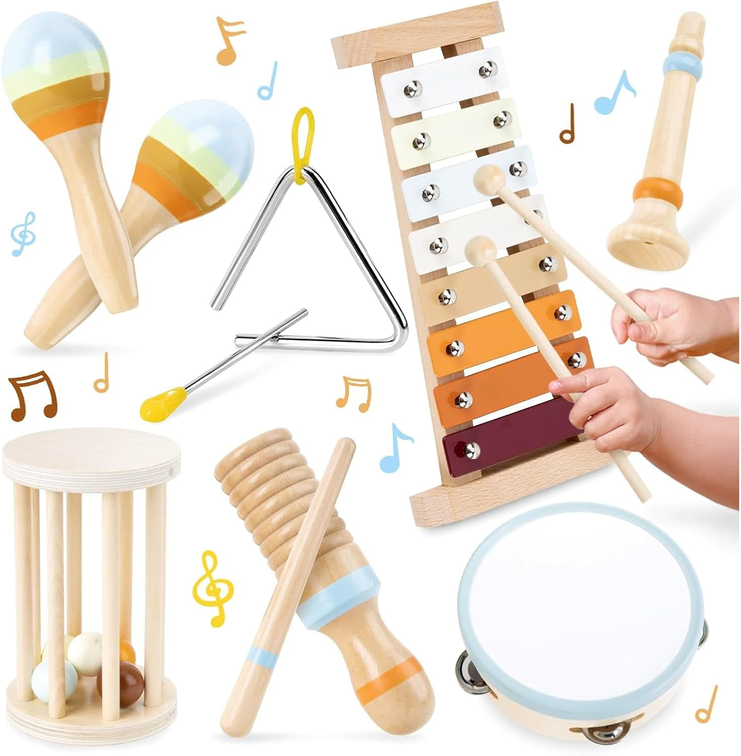 Kids Wooden Percussion Instruments Toy Set,7 in 1 Toddlers Montessori Musical Toys Music Enlightenment Percussion Toys Preschool Educational Music Toys for Boys Girls image number 1