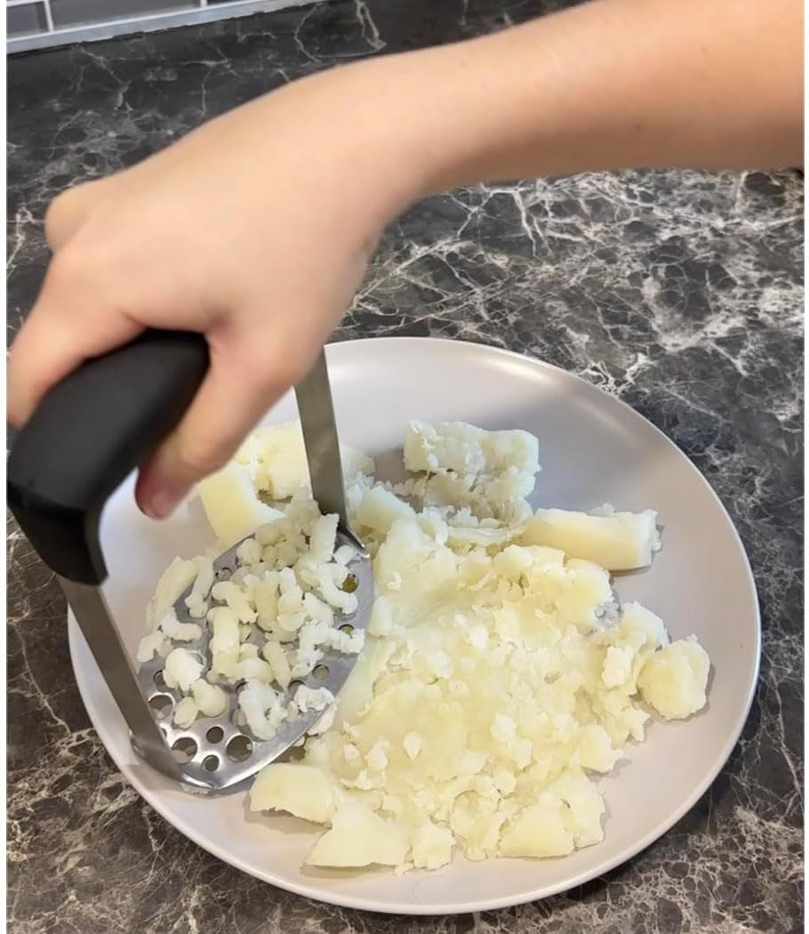 Potato Masher, Heavy Duty Mashed Potatoes Mental Masher, Stainless Steel Professional Fine Plate for Smooth Mashed Potatoes, Soft Grip and Non-Slip Handle, Black ﻿ image number 1