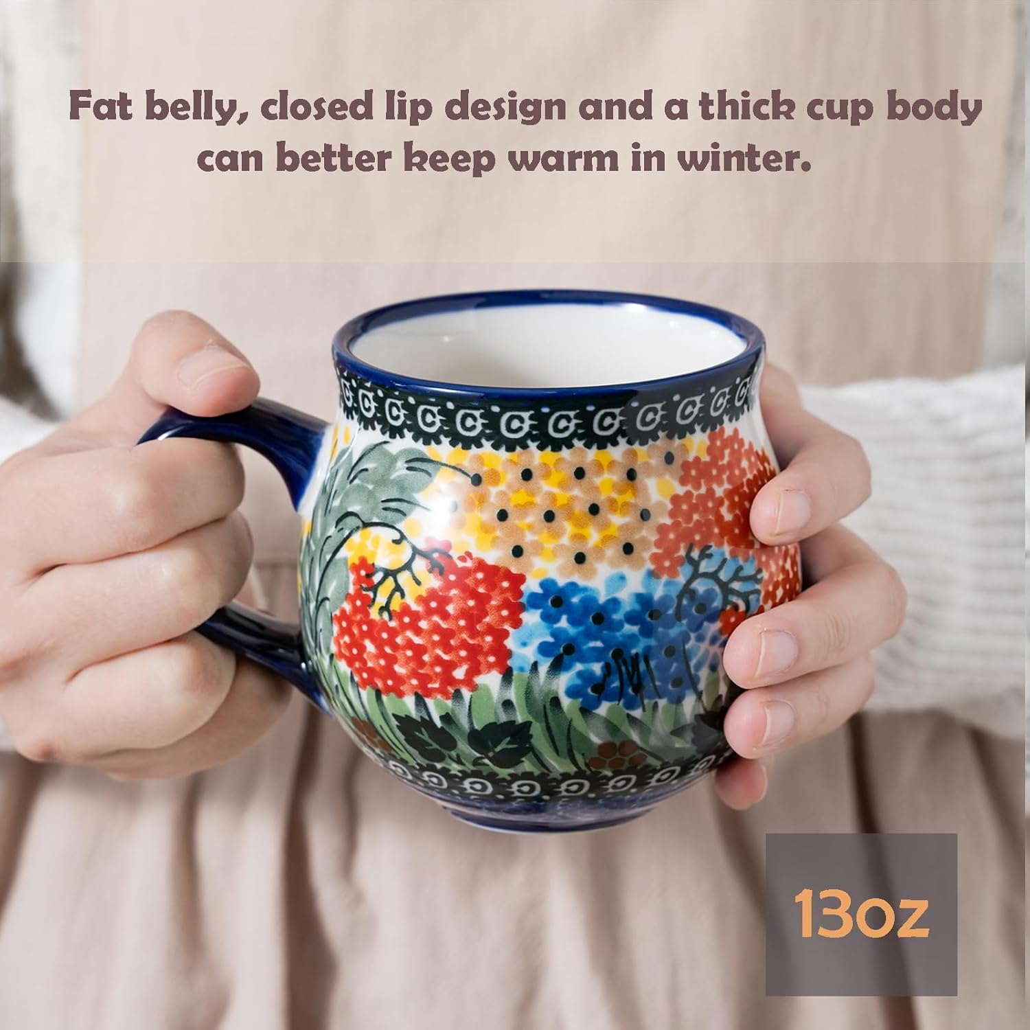 ALMA 380Ml Coffee Mug Handmade Kitchen Ceramic Mug,Microwave Dishwasher Safe, Lovely Flower Cup for Wedding Birthday, Classic Pattern Spring Splendor