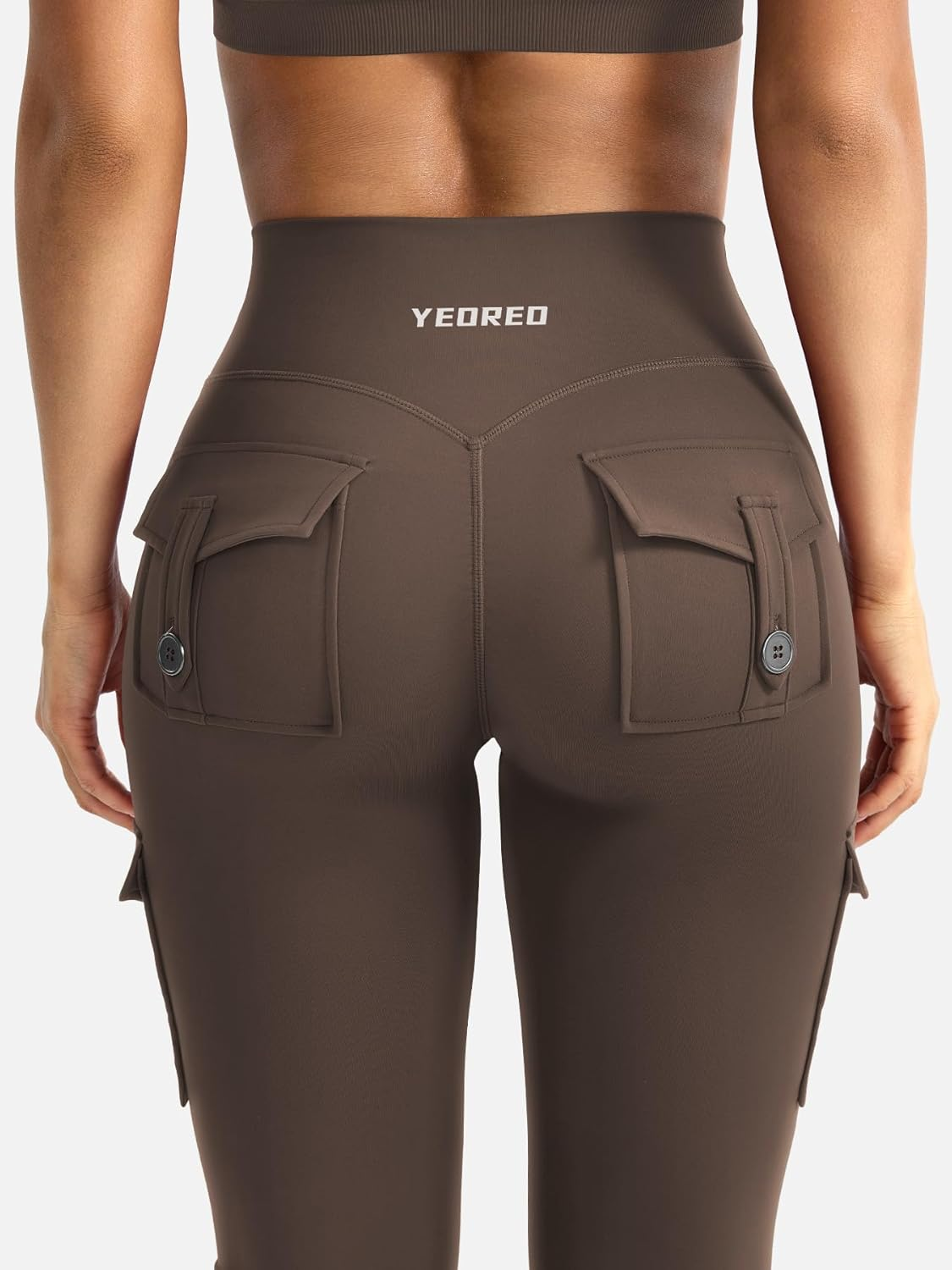 YEOREO Women Workout Flare Leggings with Pockets Hidden Scrunch High Waisted Cargo Gym Yoga Leggings Coffee