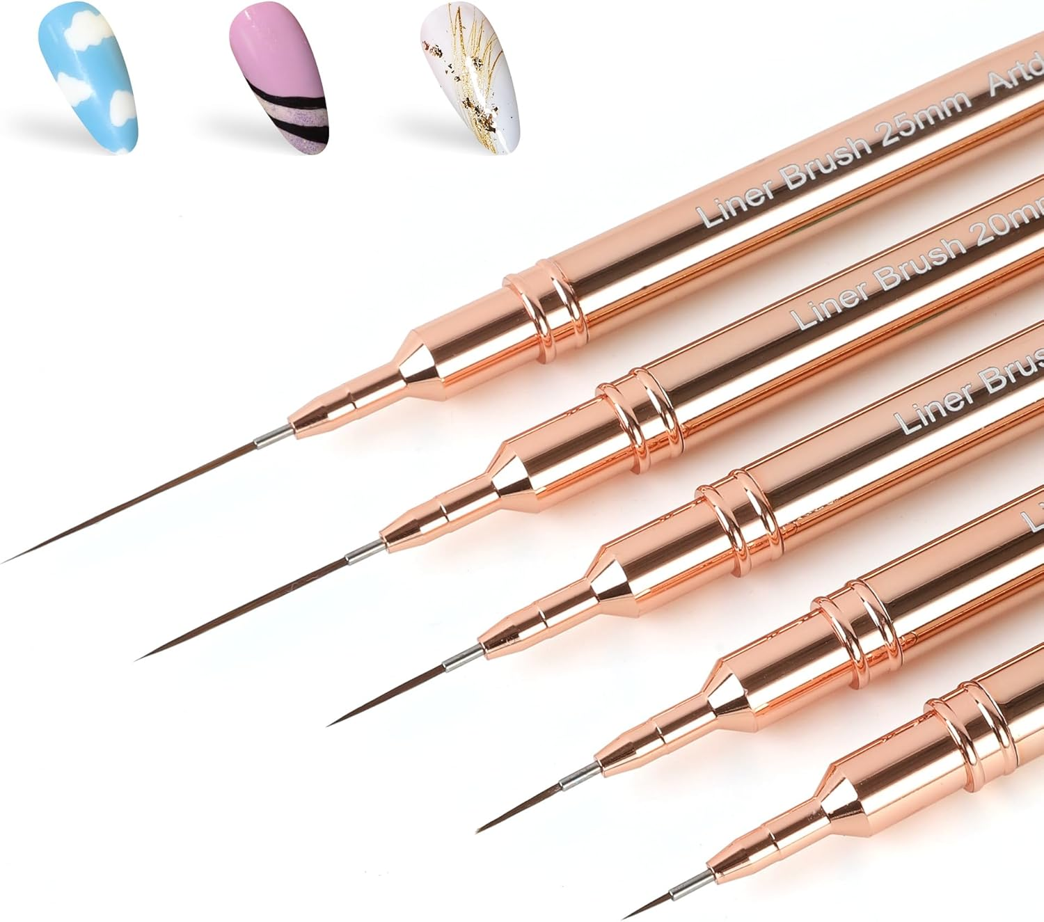 Artdone Metallic Nail Art Pens, Liner Brushes Set, 5PCS Copper Color Nail Tools for Long Lines, Thin Details, Fine Drawing, Liner Brush UV Gel Polish Painting Nail Design Sizes 5/8/12/20/25Mm