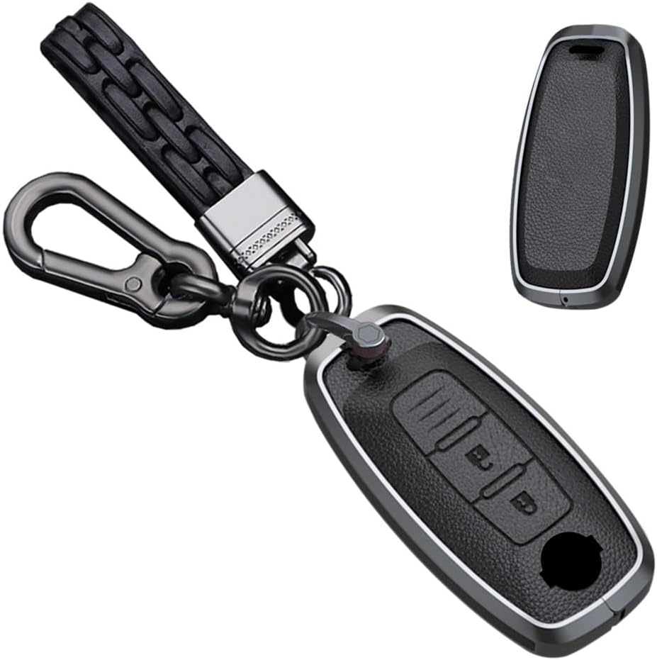 Key Fob Cover Case Metal Key Shell Full Protection Fit for Nissan Ariya Kicks X-Trail Rogue Leather Key Cover 3 Button, a Leather-Keychain-White