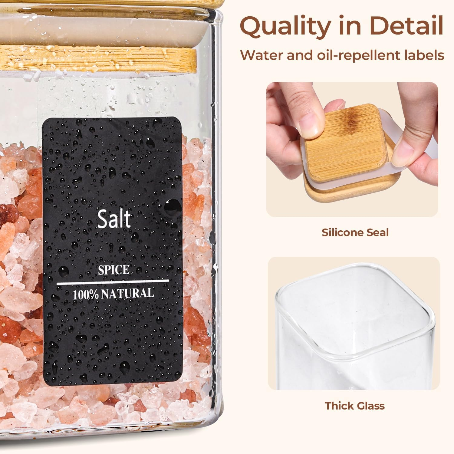 Comsaf 16Pcs Glass Spice Jars with Bamboo Lid, 6Oz Airtight Square Spice Containers with 275 Black Lables, Empty Seasoning Jars for Spice Salt Sugar image number 3