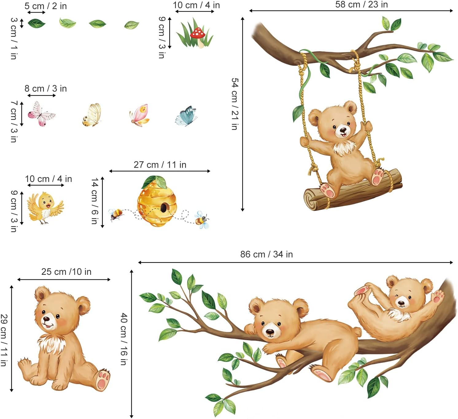 Decalmile Woodland Bear Wall Decals Animal Tree Branch Wall Stickers Baby Nursery Kids Bedroom Living Room Wall Decor image number 5
