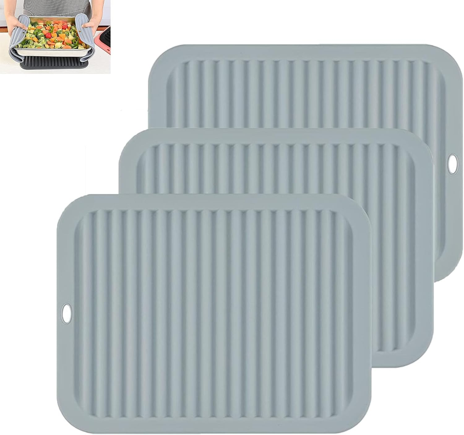 XUTONG 3 Pcs Silicone Pot Holder Silicone Trivet Mats,Silicone Table Mats Hot Pad Mats Pot Holder 30X22 Cm,Non-Slip Rest Table Mats Heat Resistant Pot Coaster Table Countertop Mats Drying Mat (Grey) image number 4