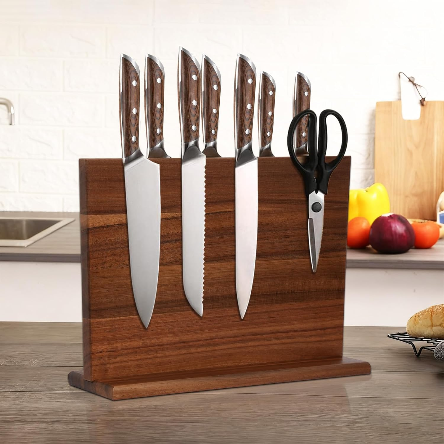 Magnetic Knife Block with Knife Sharpener, Double Sided Magnetic Knife Holder Kitchen Counter, Acacia Wood Magnetic Knife Storage Stand, Universal Knife Display Rack Multifunctional Storage image number 3