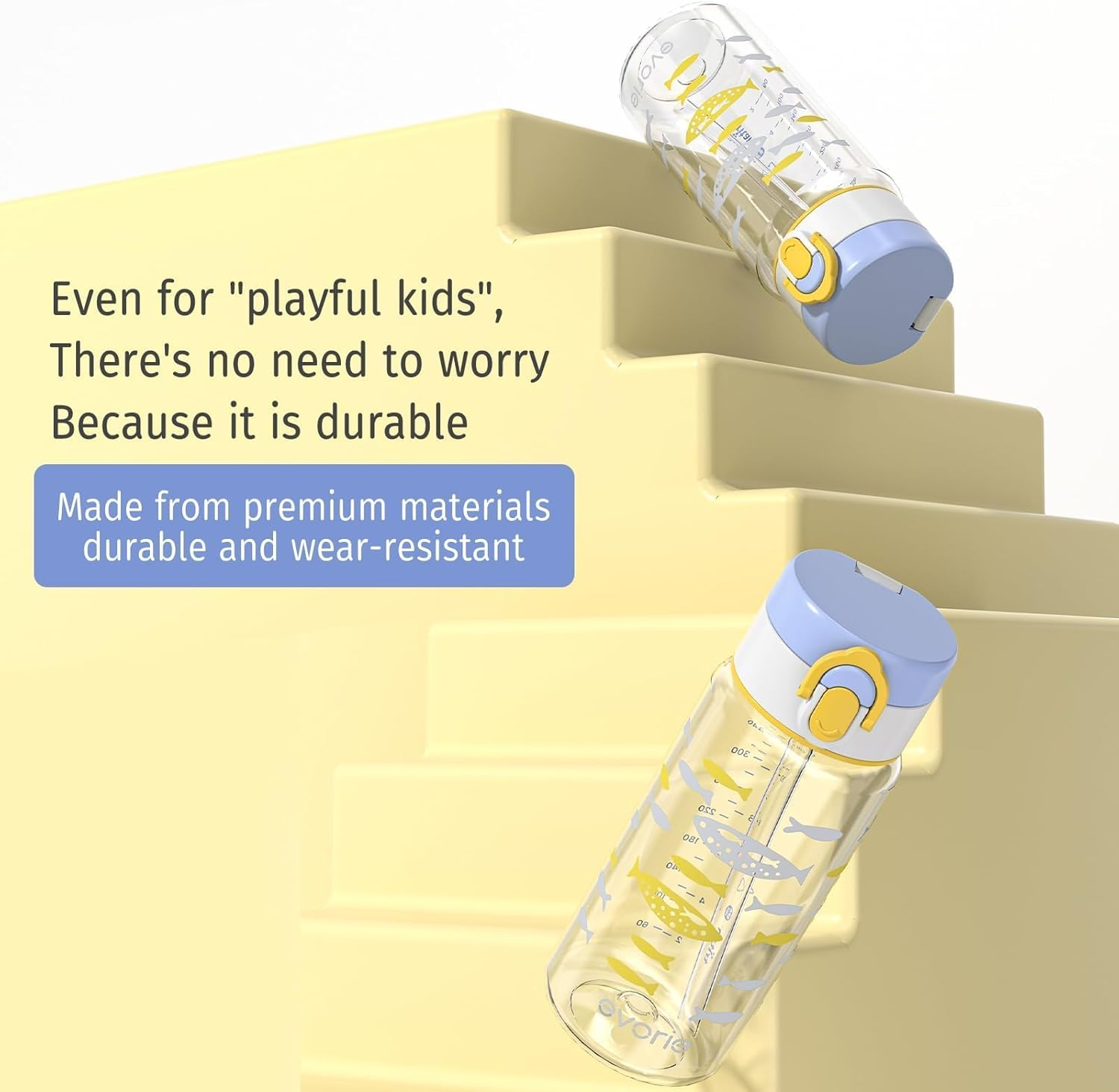 Evorie Tritan Kids Water Bottle with Straw, 13Oz Bpa-Free Leak Proof Drinking Bottle for School & Travel, Lightweight Clear Water Bottle with Carry Strap, Dishwasher Safe, for Kids Ages 3+ (Fish)