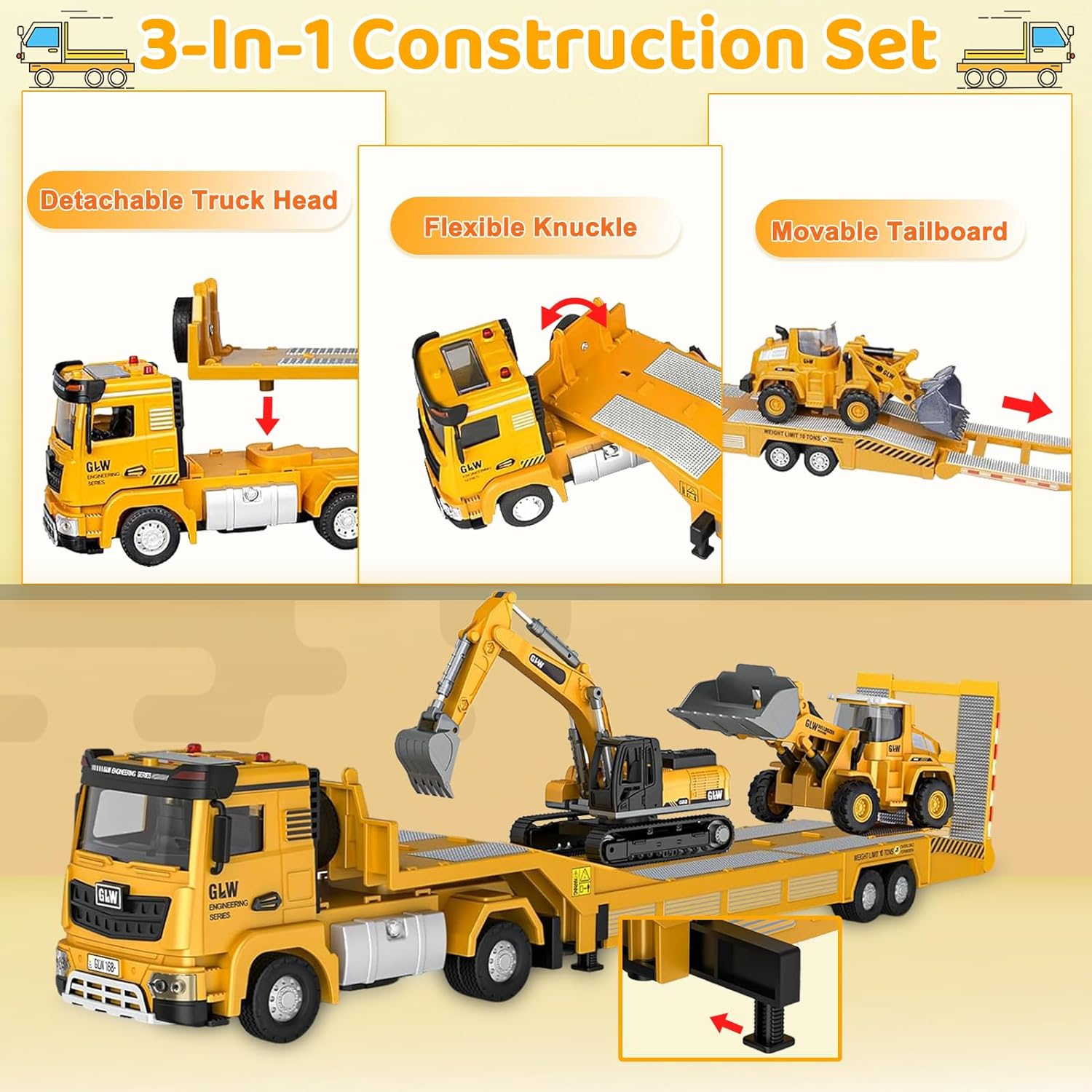 Caunedy Construction Carrier Trucks Toy Set, with Semi Truck, Excavator, Bulldozer, Alloy Engineering Vehicles, Lights & Sounds for Kids 3-7 Years Old Gift image number 5