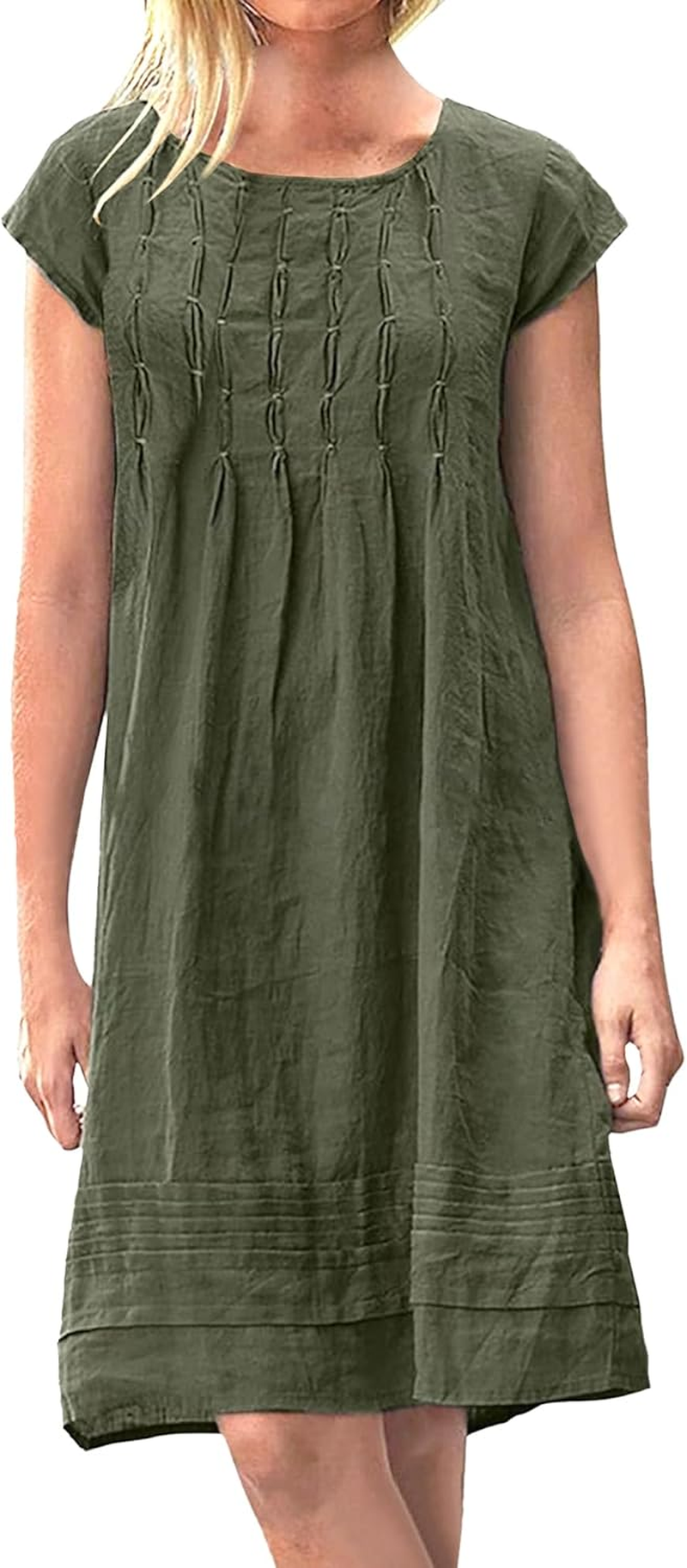 Women'S Cotton Linen Pleated Midi Dresses Casual round Neck Shift Dress Short Sleeve Beach Vacation Sundress