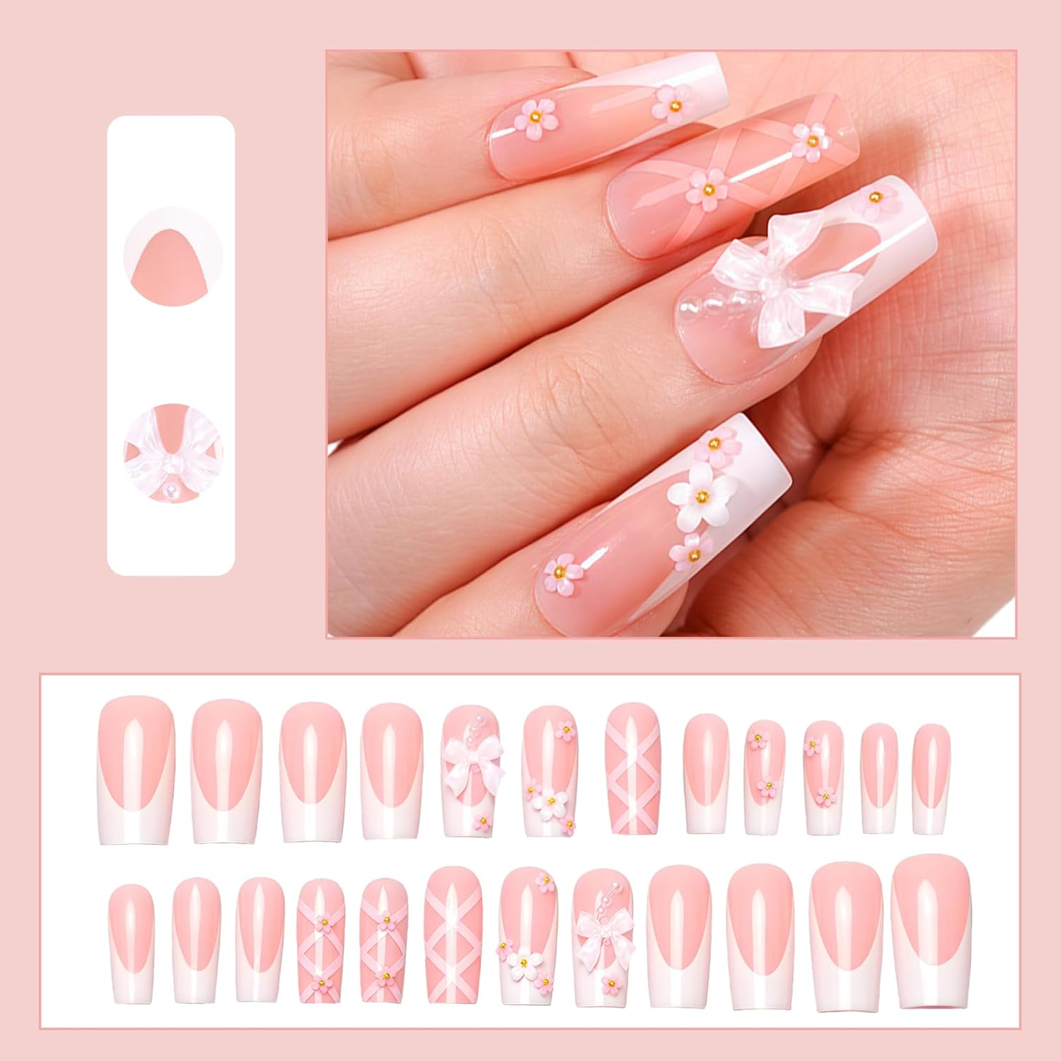 Press on Nails,24Pcs French Tip False Nails Pink False Nails Glossy Square Fake Nails Reusable & Acrylic,3D Pink image number 5