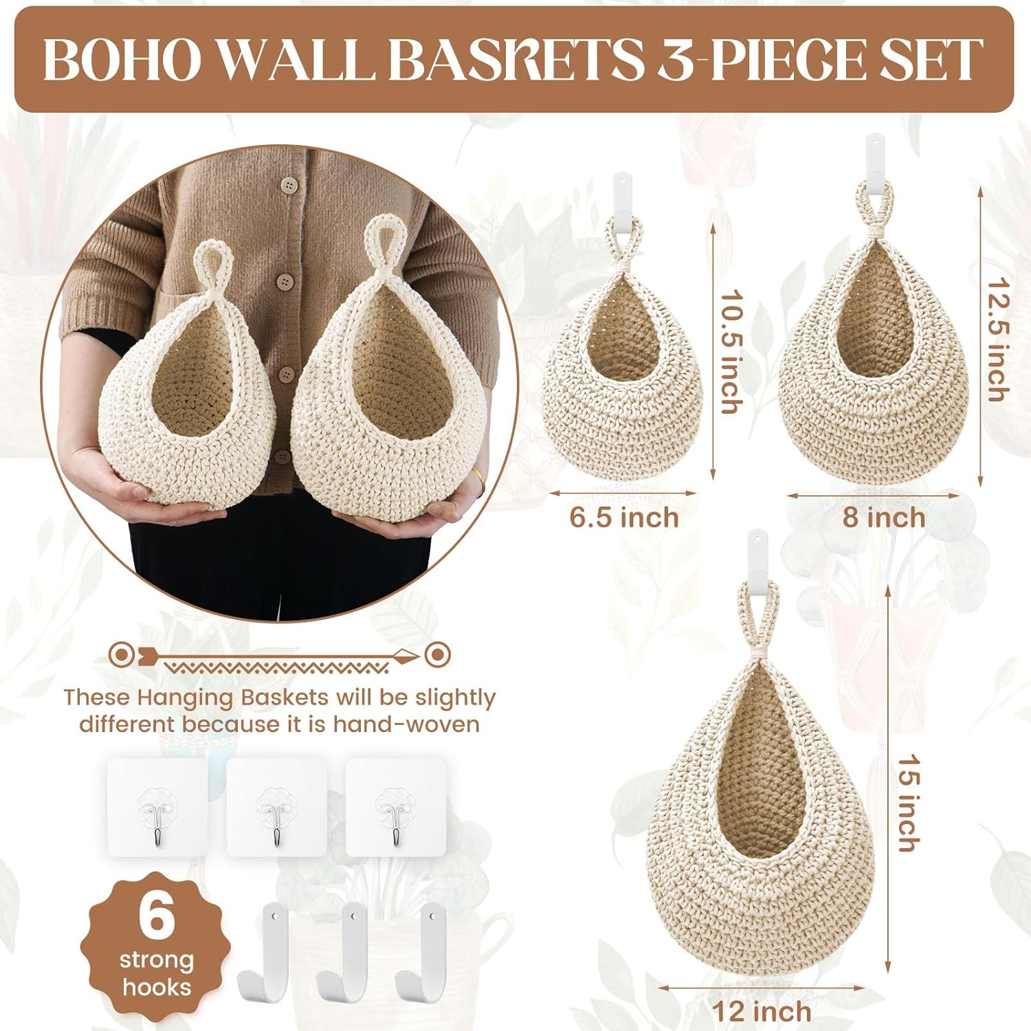 Hanging Fruit Baskets for Kitchen - 3 Pack Boho Wall Hanging Basket with 6 Pcs Strong Hooks, Handwoven Hanging Holder Teardrop Home Produce Basket for Fruits Vegetable Potato Onion Storage (White) - Black,Transparent image number 4