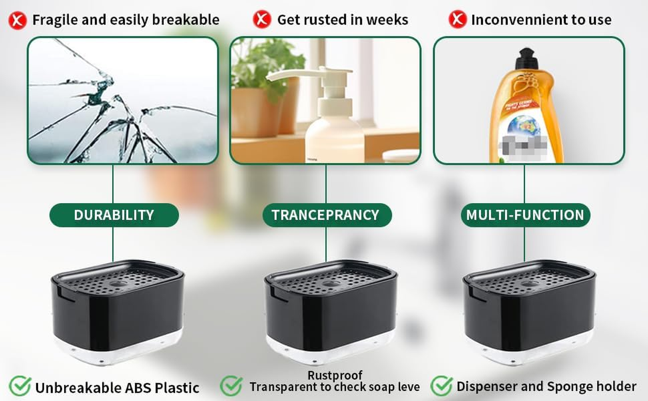 Dishwashing Countertop Soap Dispenser and Sponge Holder with 2-In-1 Design, Soap Pump Dispenser, and One Free Wire Dishwashing Rag Included in the Package, Black. - 2-1 Black image number 6