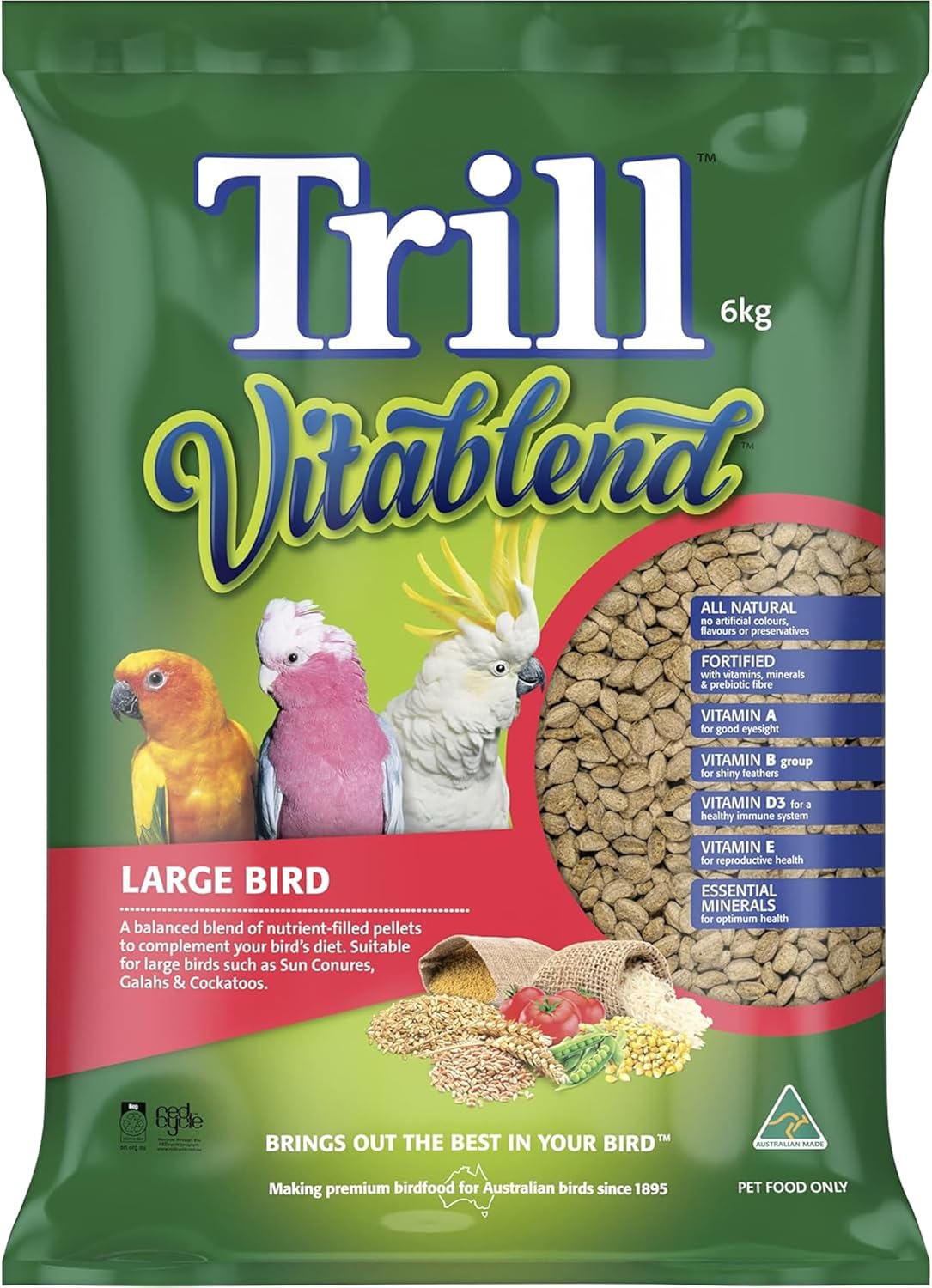 Trill Vitablend Large Bird Food 6Kg, Pellets &ndash; Nutrient-Filled Pellets &ndash; Bird Food &ndash; Suitable for Large Parrots Such as Sun Conures, Galahs & Cockatoos. image number 2
