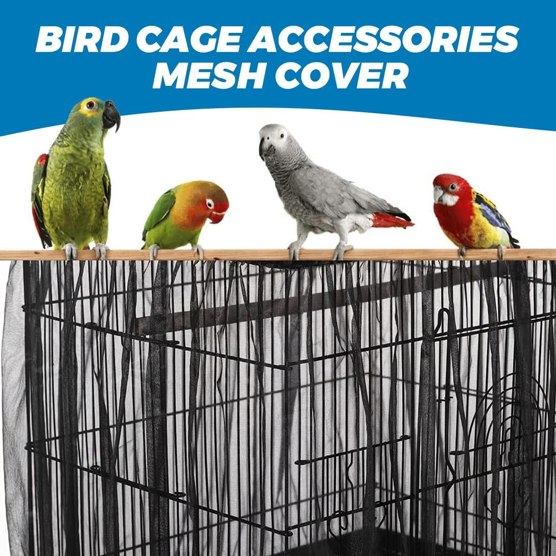JEYORZY 1 X Bird Cage Cover, Adjustable Bird Cage Cover, Bird Cage Seed Catcher, Protective Net for Bird Cages, Parrots, Nylon Mesh, Suitable for Cages with a Circumference of 112-150 Cm, Black-M