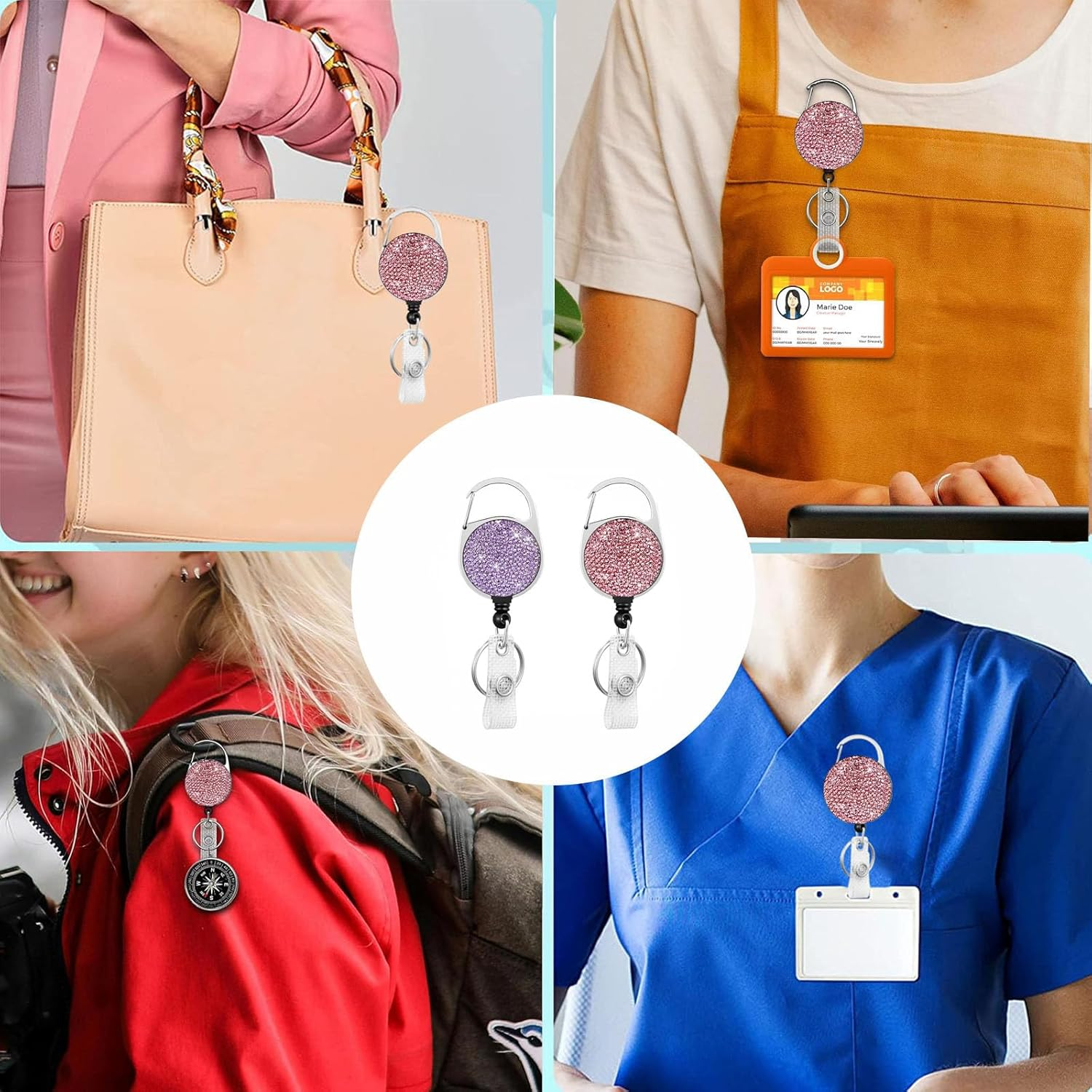XUTONG 2PCS Retractable Badge Reel Carabiner Badge Holder with Bling Rhinestones Crystal,Badge Holders for ID Card Keychain (2Pcs Pink and Purple) image number 3
