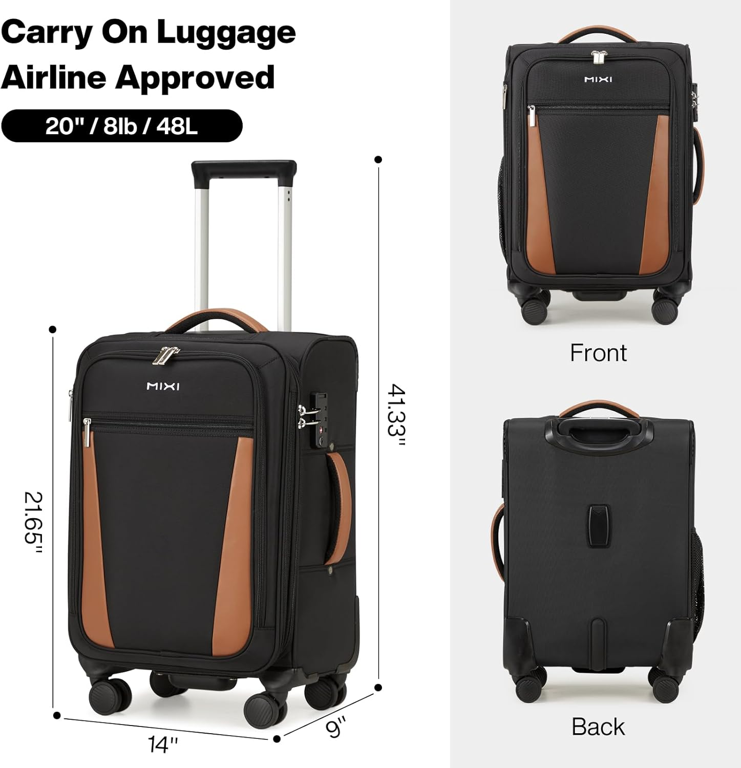 Mixi Luggage Softside Expandable Suitcase with Front Laptop Pocket, Black, 20-Inch Carry On image number 4