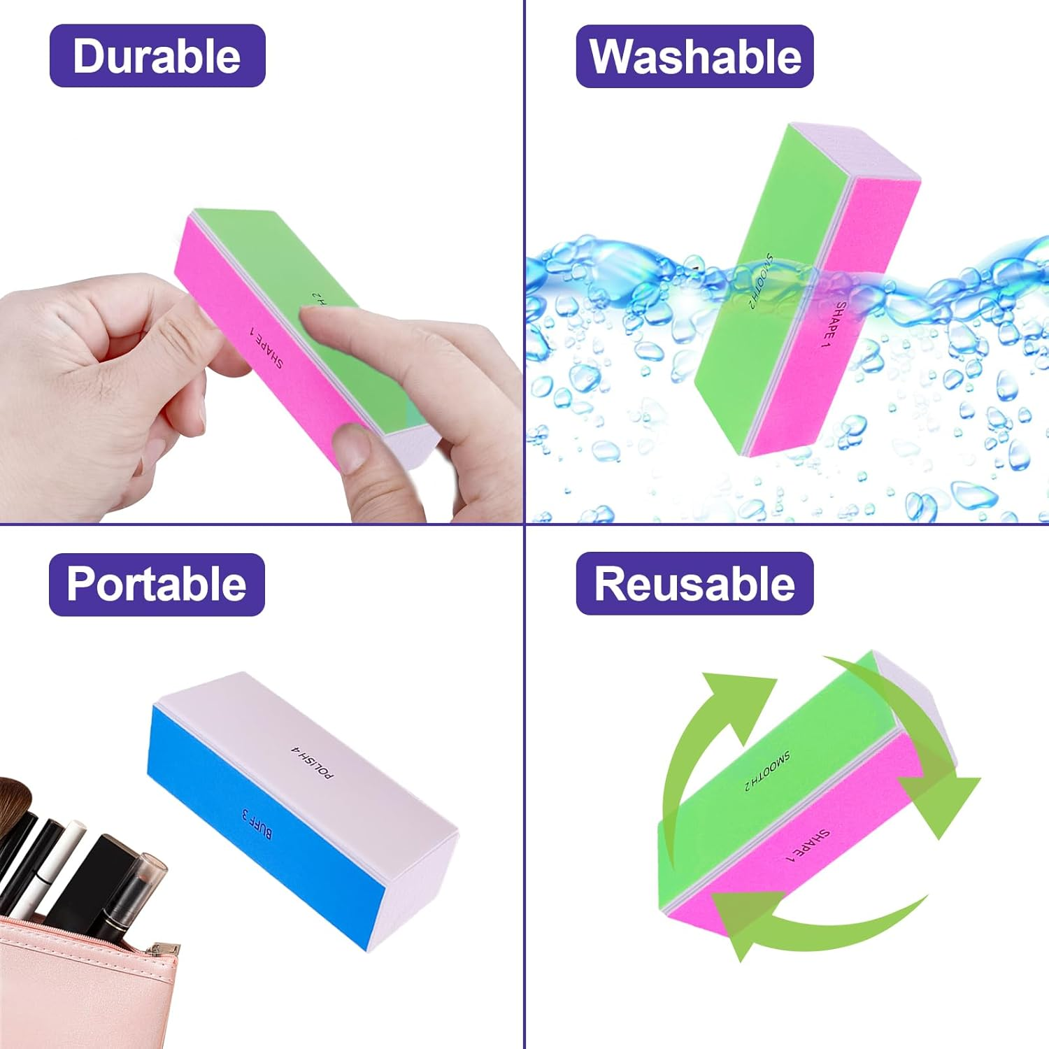 4 Way Nail Buffer Block (2 Pcs), Nail Shine Buffers Blocks Files for Natural and Acrylic Nails Smoother Buffing Block Polisher Fingernail File Buffer 120/240/600/3000 Grit for Buffing Shinning image number 3