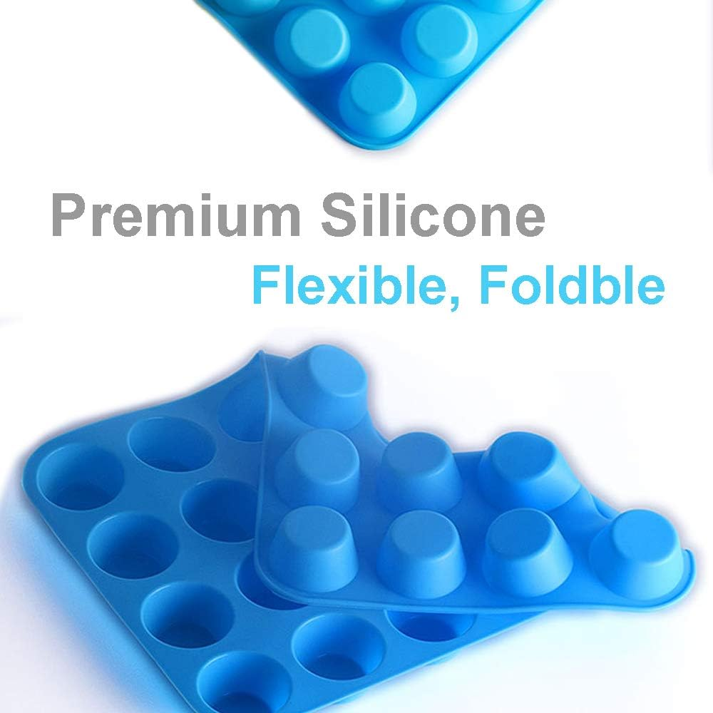 Muffin Tray Silicone Mini 24 Cups, Non Stick Muffin Pan Cupcake Bakeware Baking Mould, Dishwasher Safe (Blue) image number 5