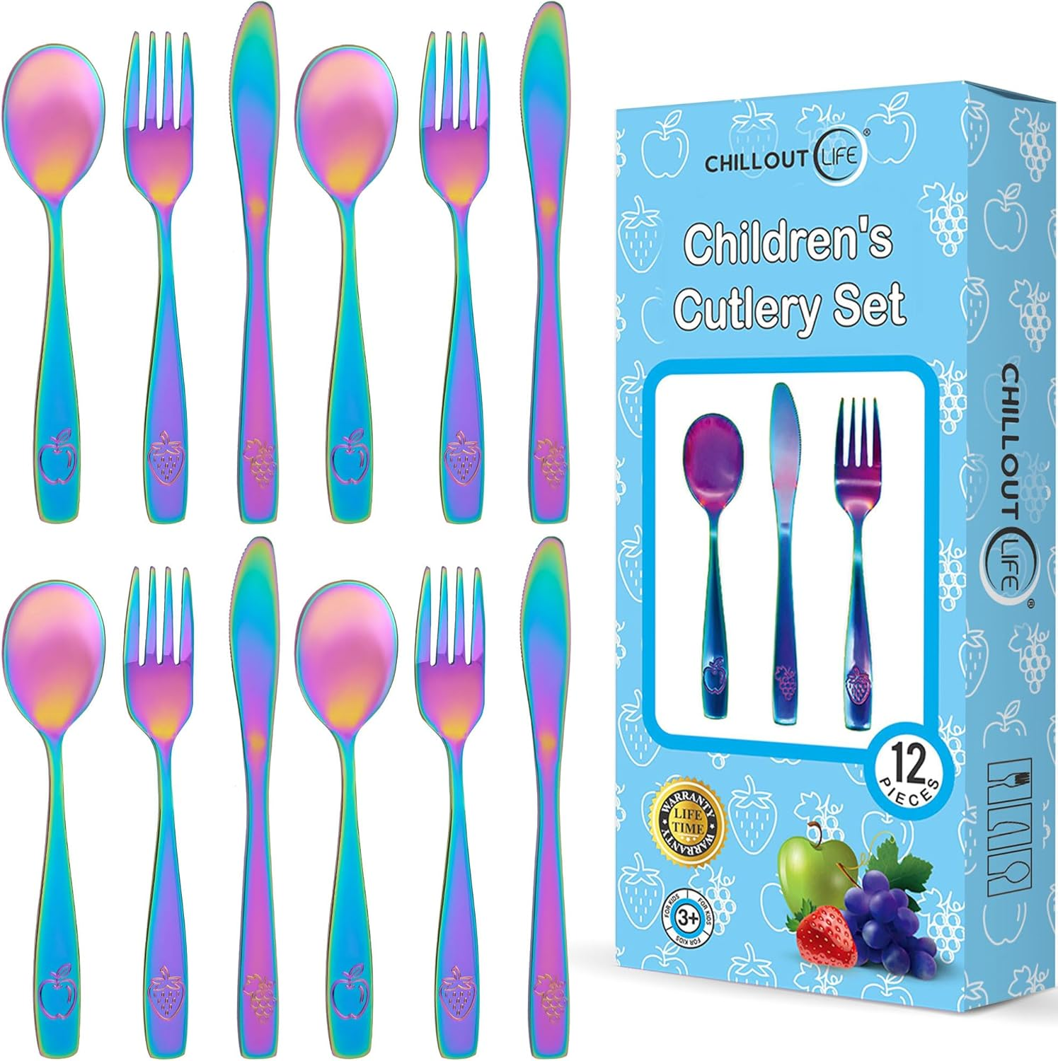 12 Piece Stainless Steel Kids Silverware Set - Child and Toddler Safe Flatware - Utensil Set Includes 4 Small Spoons, 4 Forks & 4 Knives - UV Rainbow