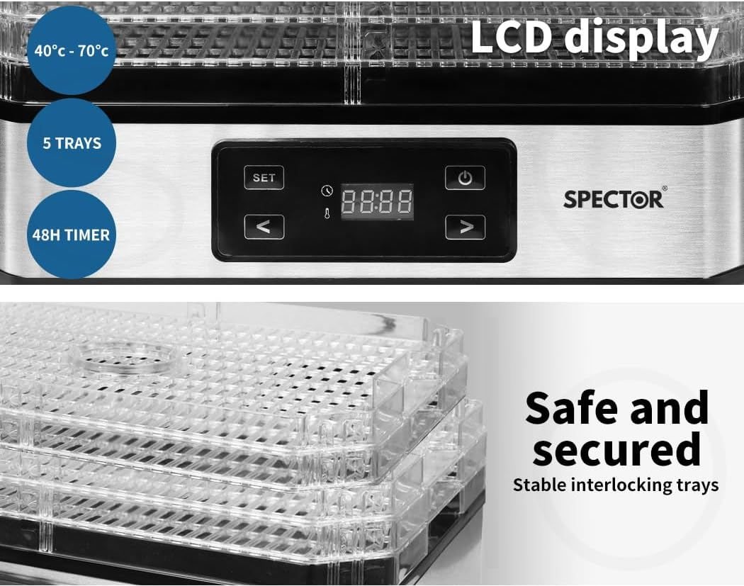 Spector Food Dehydrators,Food Dryer with 5 Removable Trays,40-70℃ Adjustable Temperature Controls for Jerky Yogurt Fruit Maker,48H Adjustable Timer, Lcd Touch Control,Silver image number 5