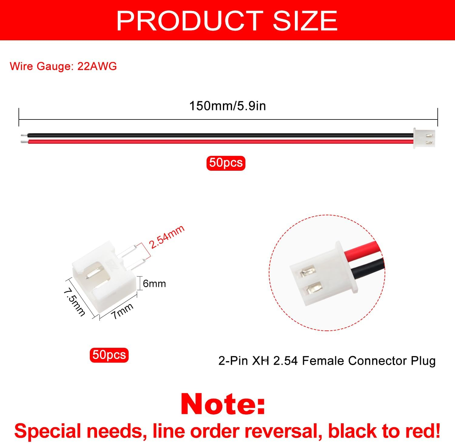 Lyeteung 50 Sets JST 2.54 XH 2 Pin Connectors, Mini Micro JST 2.54 Mm 2-Pin Male with 150 Mm 22AWG Cable & Female (Black Red) image number 5