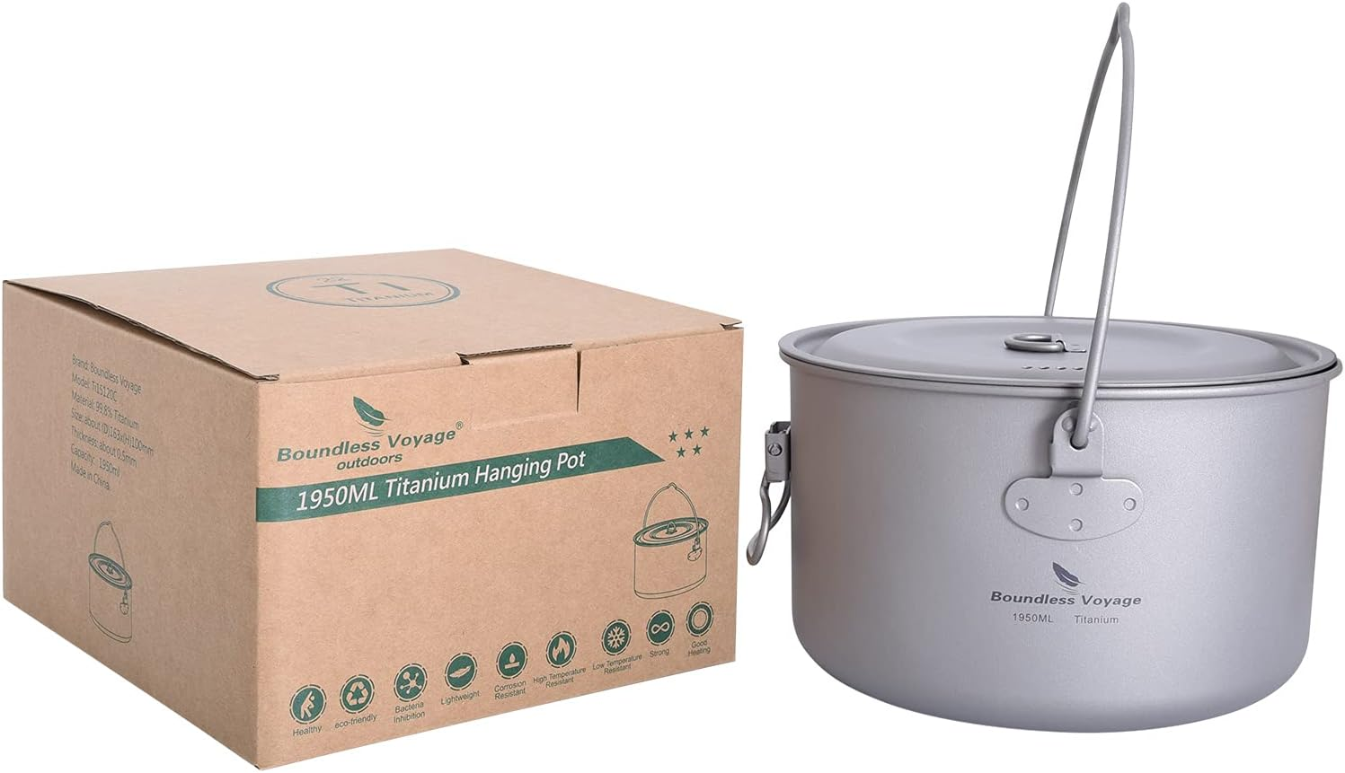 Boundless Voyage Camping Titan Hanging Pot with Folding Handle Picnic Hiking Large Capacity Kettle Cookware 1.3L 1.95L 2.9L (Yti2044C-1950Ml) image number 1